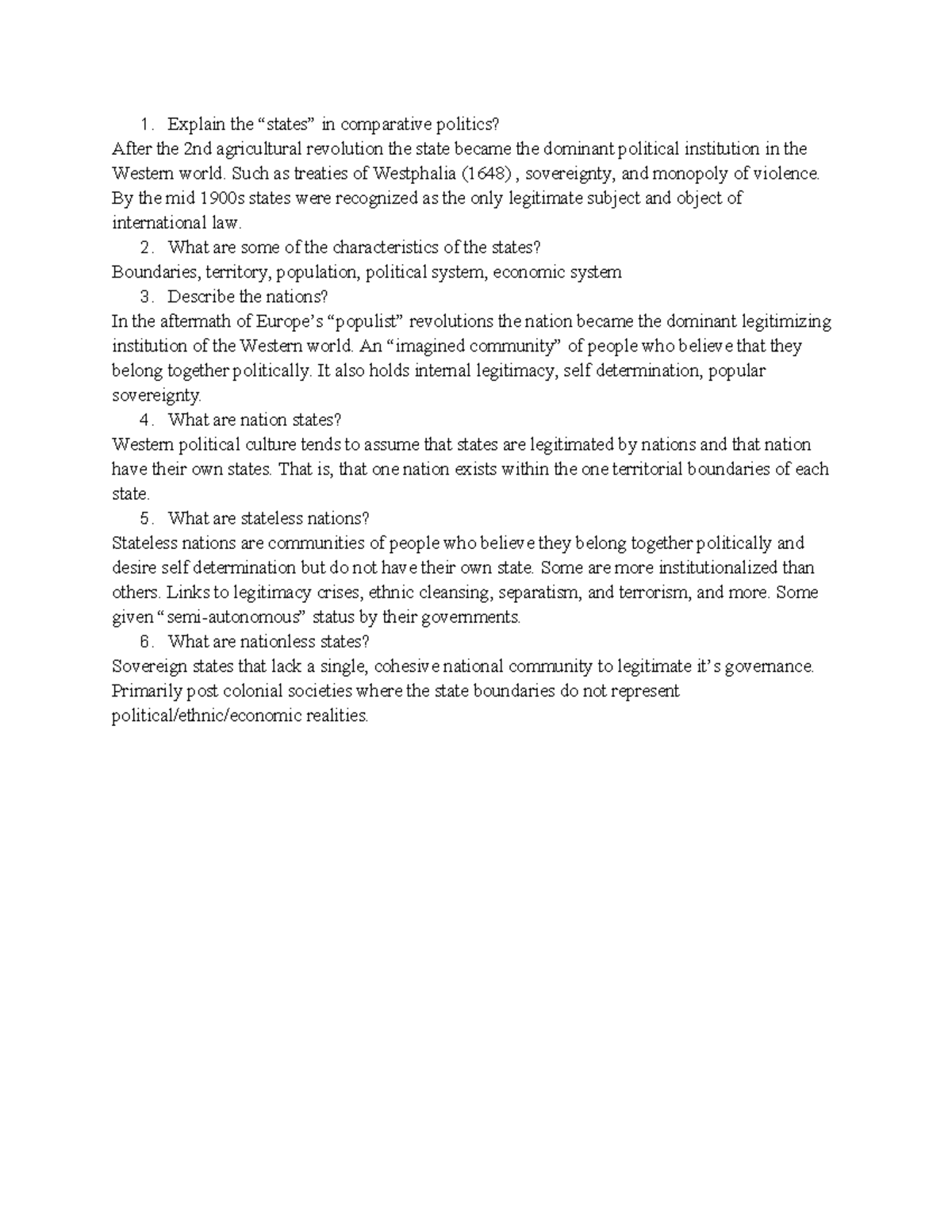 Assignment One for Comparative Politics - 1. Explain the “states” in ...
