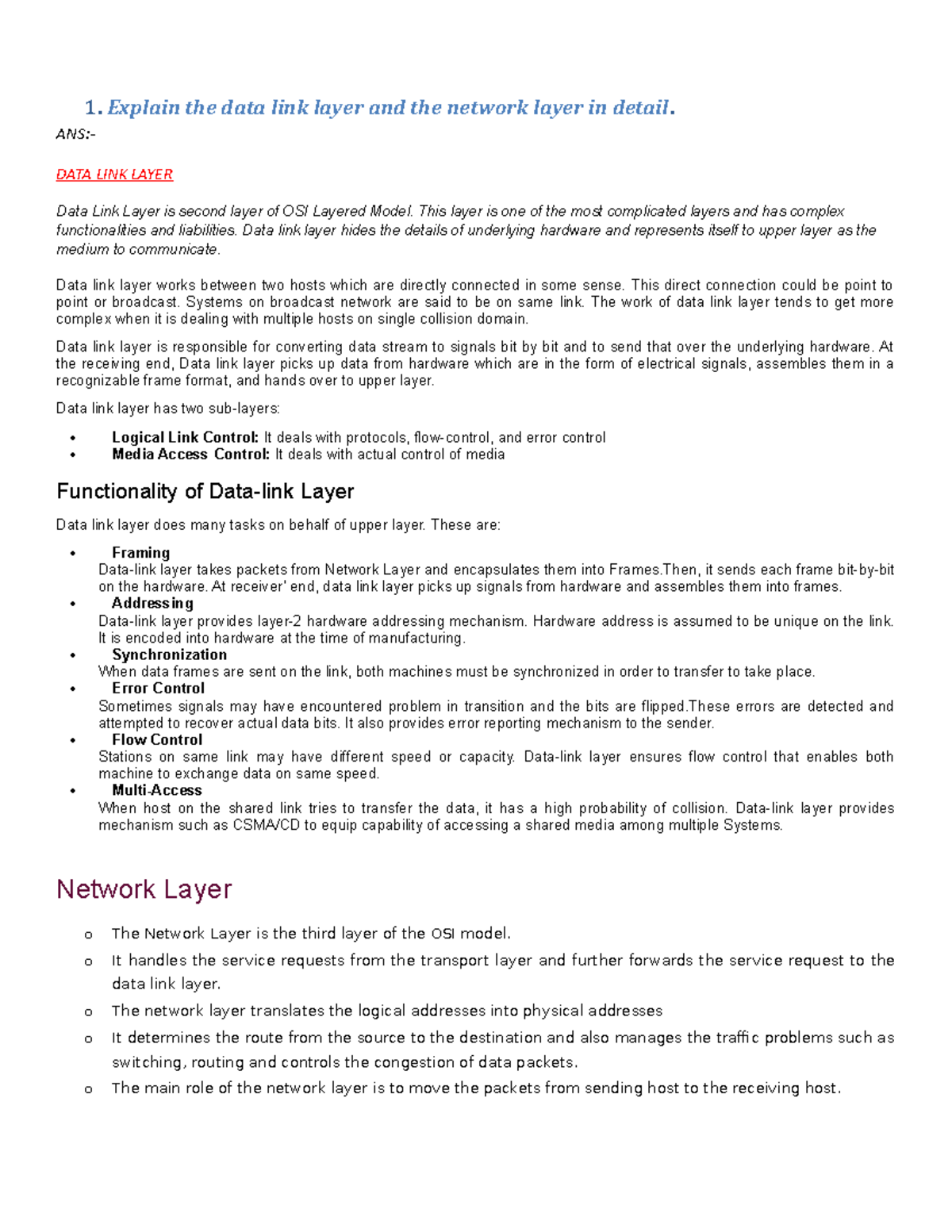 Explain the data link layer and the network layer in detail - 1 ...