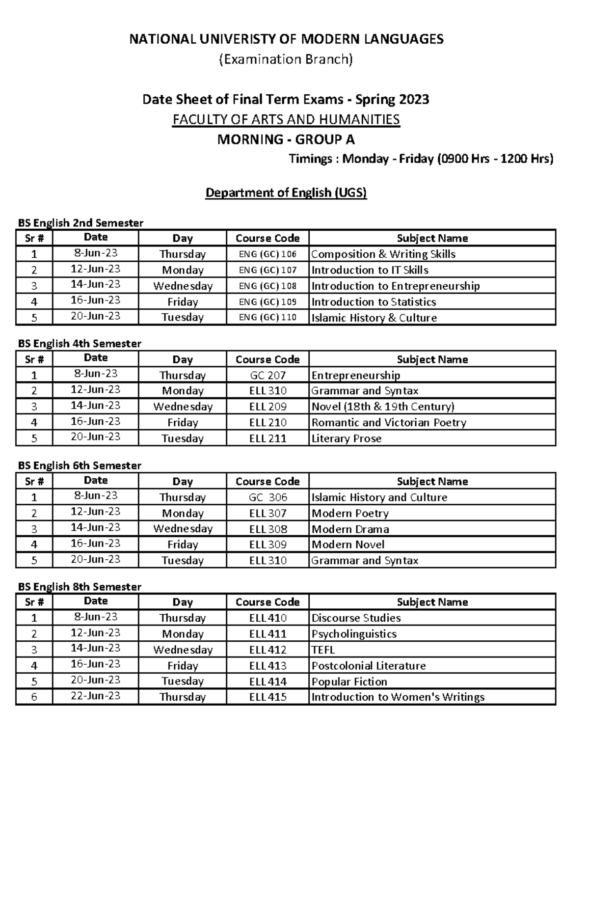 1683783127 BS English Final Term Date Sheet Spring 2023 - Timings ...