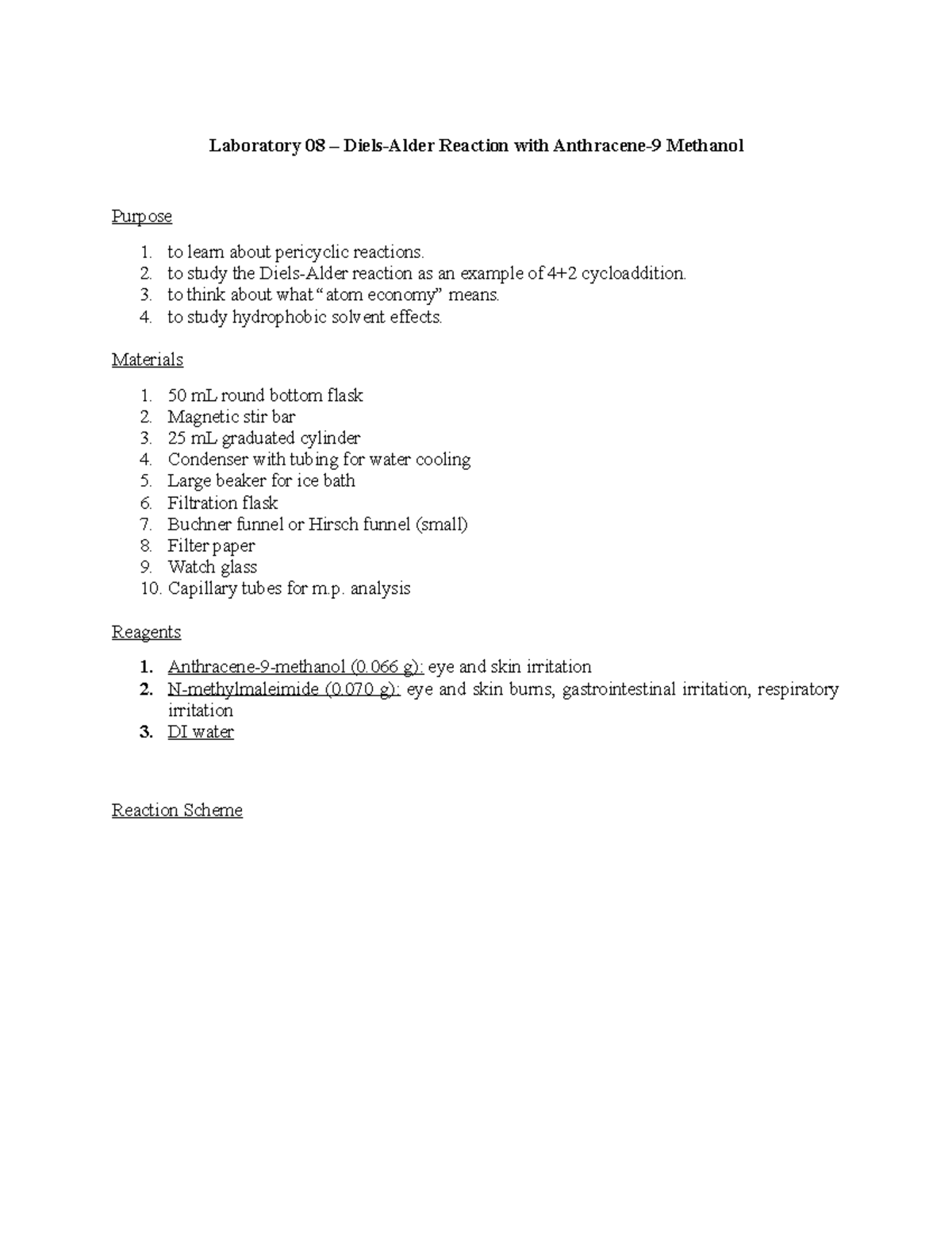 Lab 8 Section CB - Lab 8 - Laboratory 08 – Diels-Alder Reaction with ...