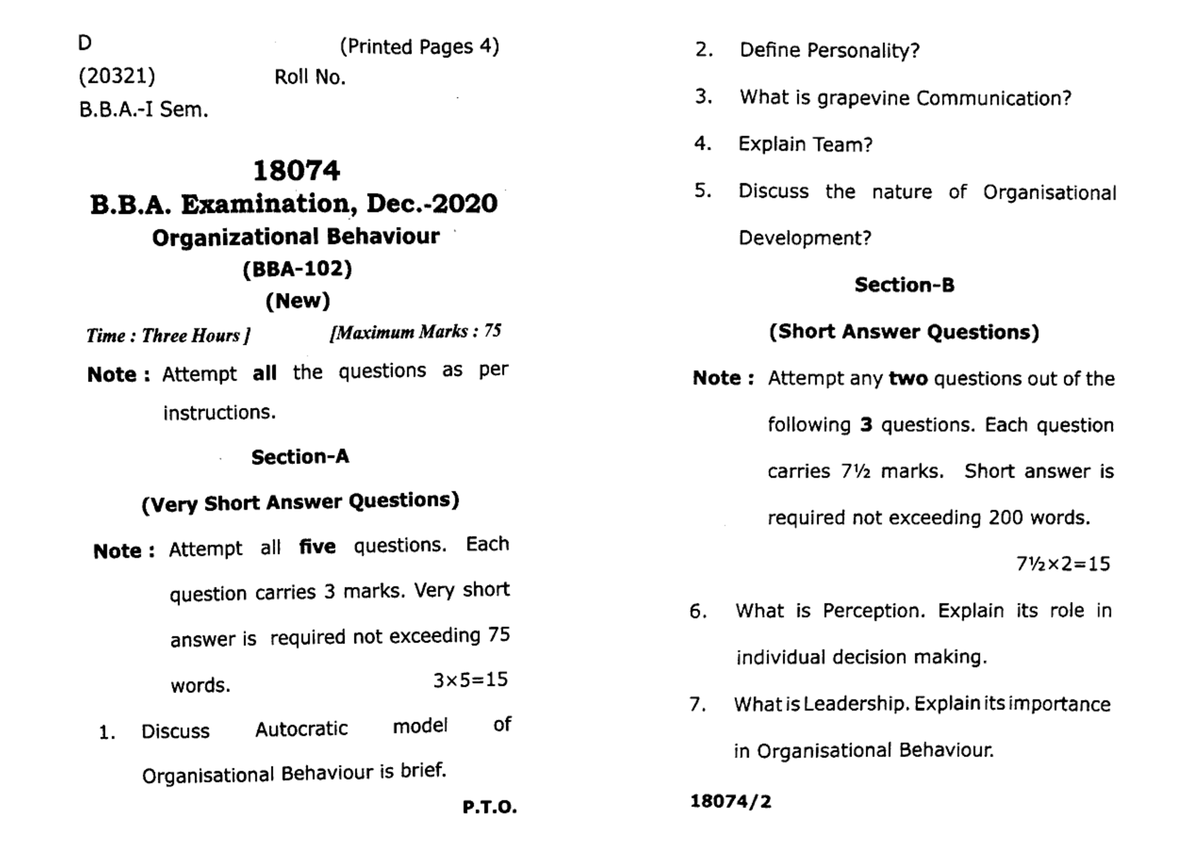 BBA 1 Sem Organizational Behaviour Dec 2020 - Organisational Behaviour ...