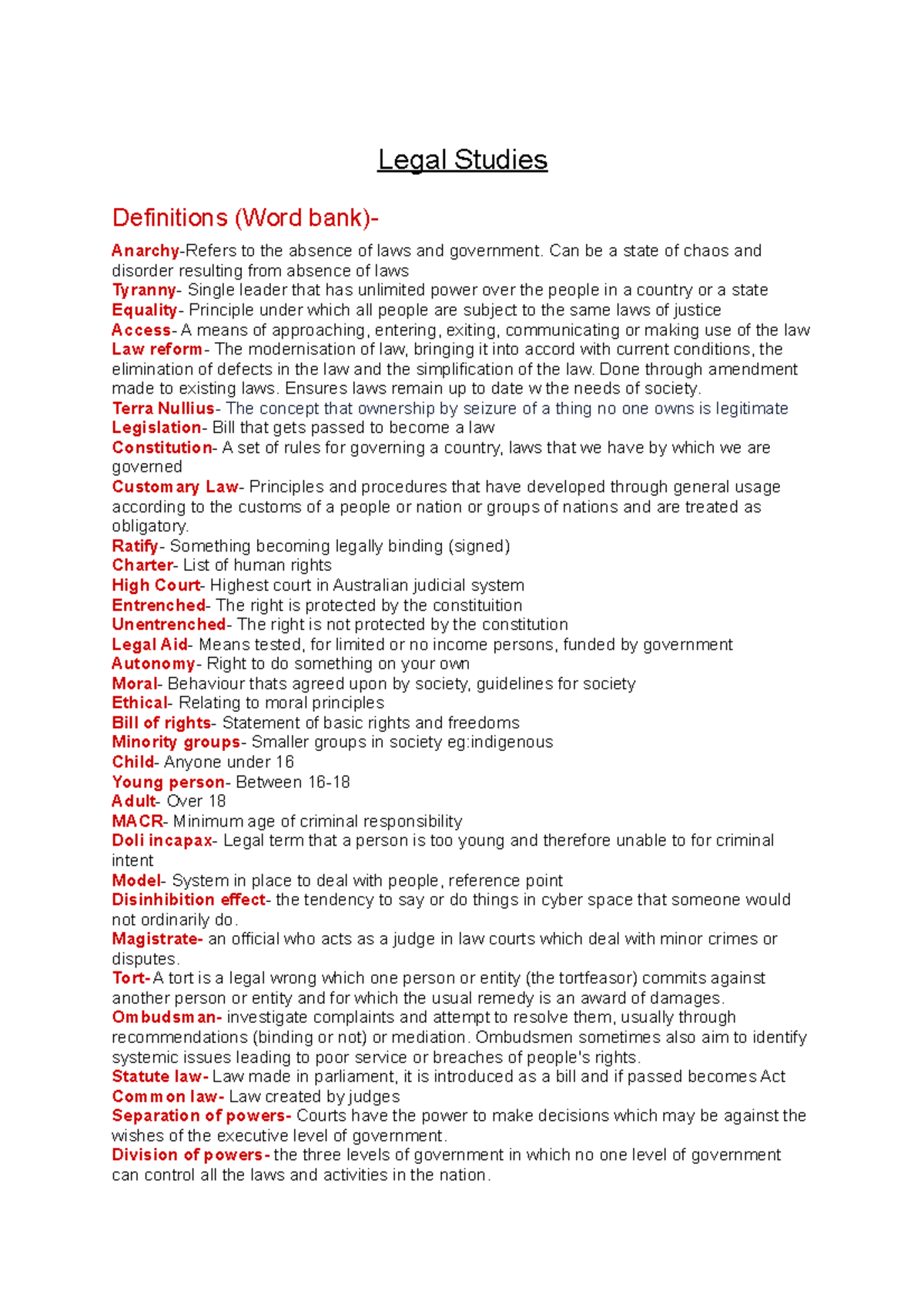Legal Studies- Notes - Legal Studies Definitions (Word bank)- Anarchy ...