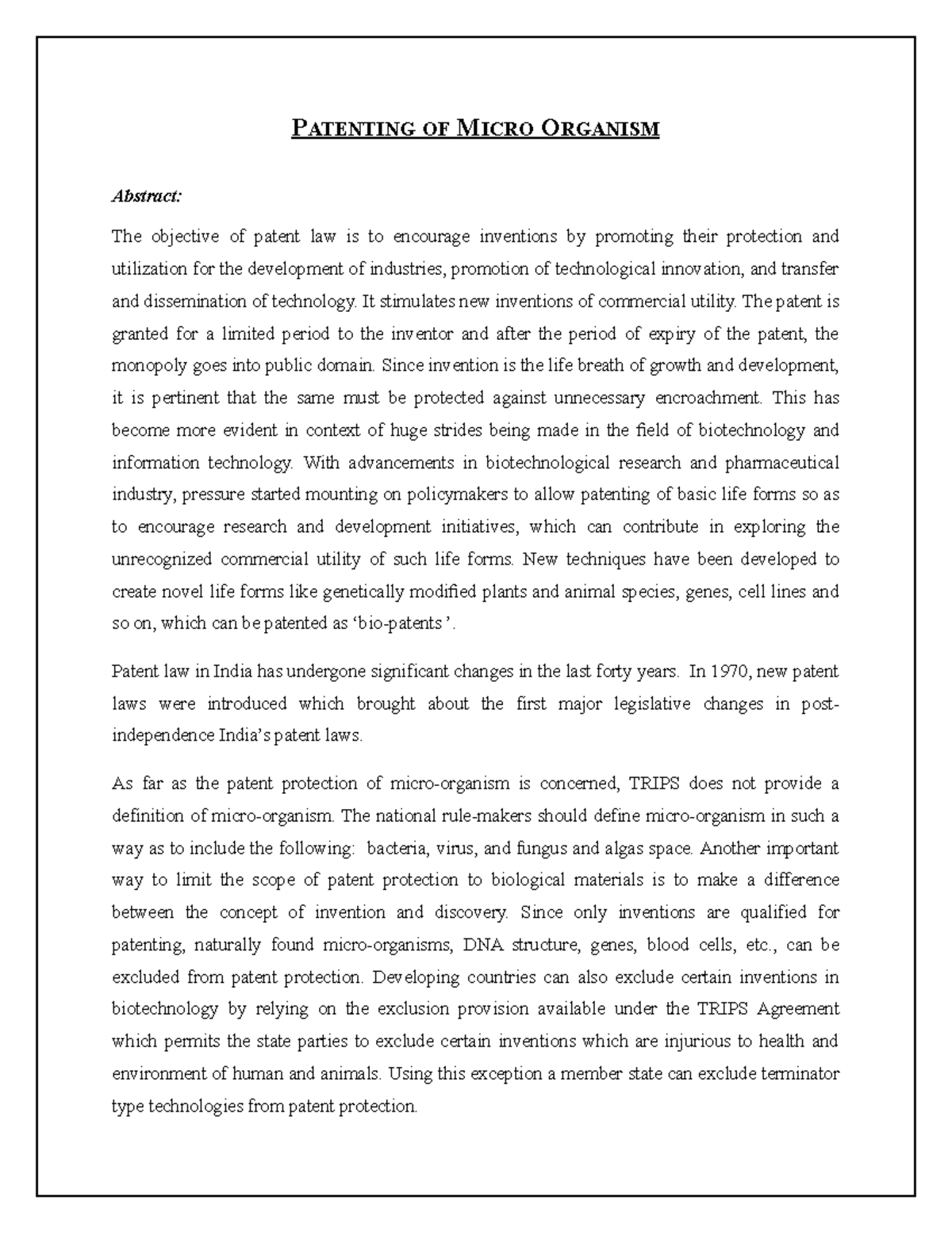 Patenting of Micro Organism - PATENTING OF MICRO ORGANISM Abstract: The ...