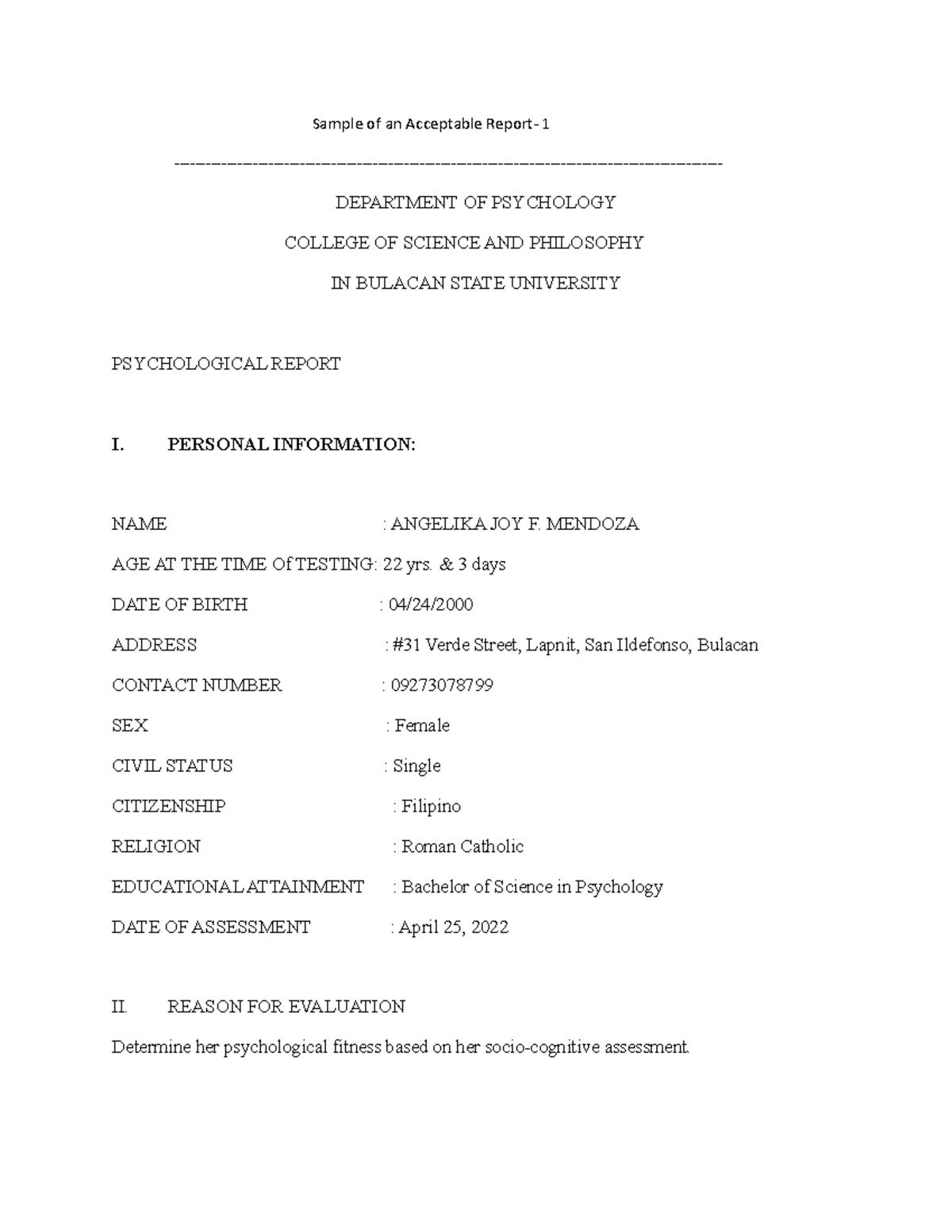 Midterm Project- Self-Assessment - Sample of an Acceptable Report- 1 ...