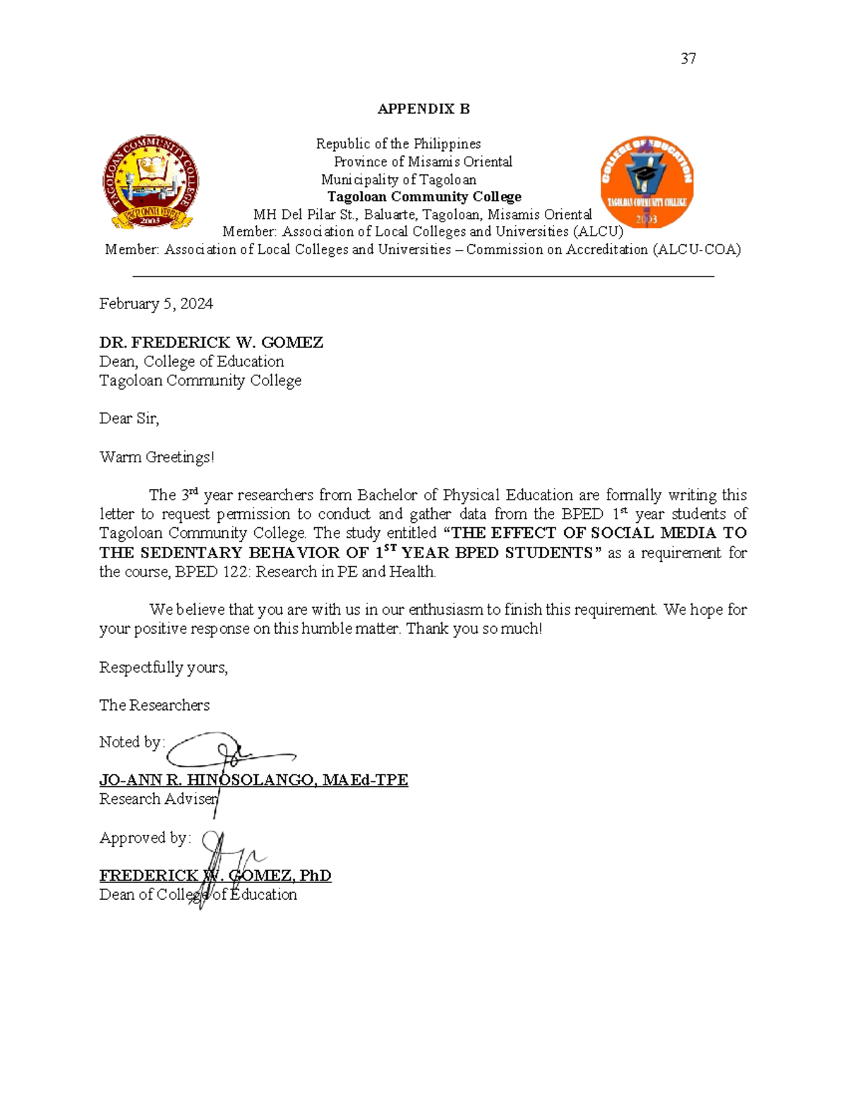 Research letter - hope will help - APPENDIX B Republic of the ...
