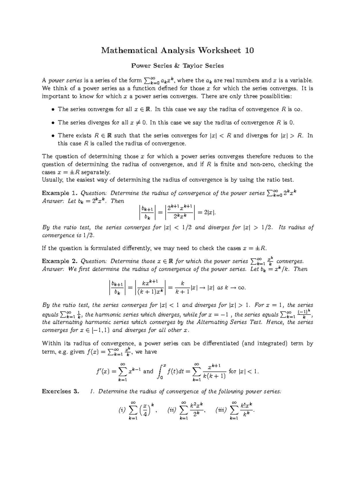 MA552 2010-2011 Worksheet 10 - Mathematical Analysis Worksheet 10 Power ...