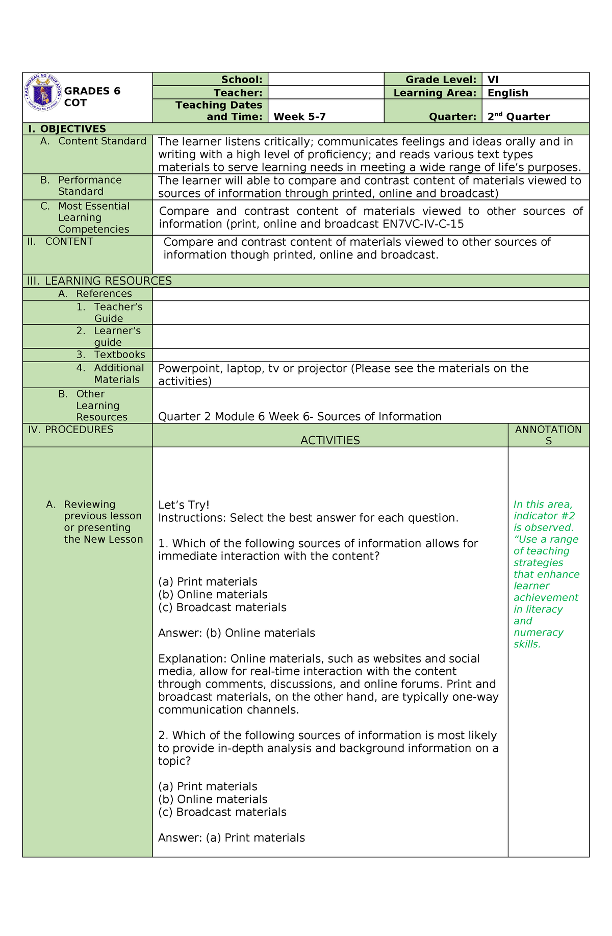 English Dlp This Dlp Is Sample For Cot Grades 6 Cot School Grade Level Vi Teacher 4732