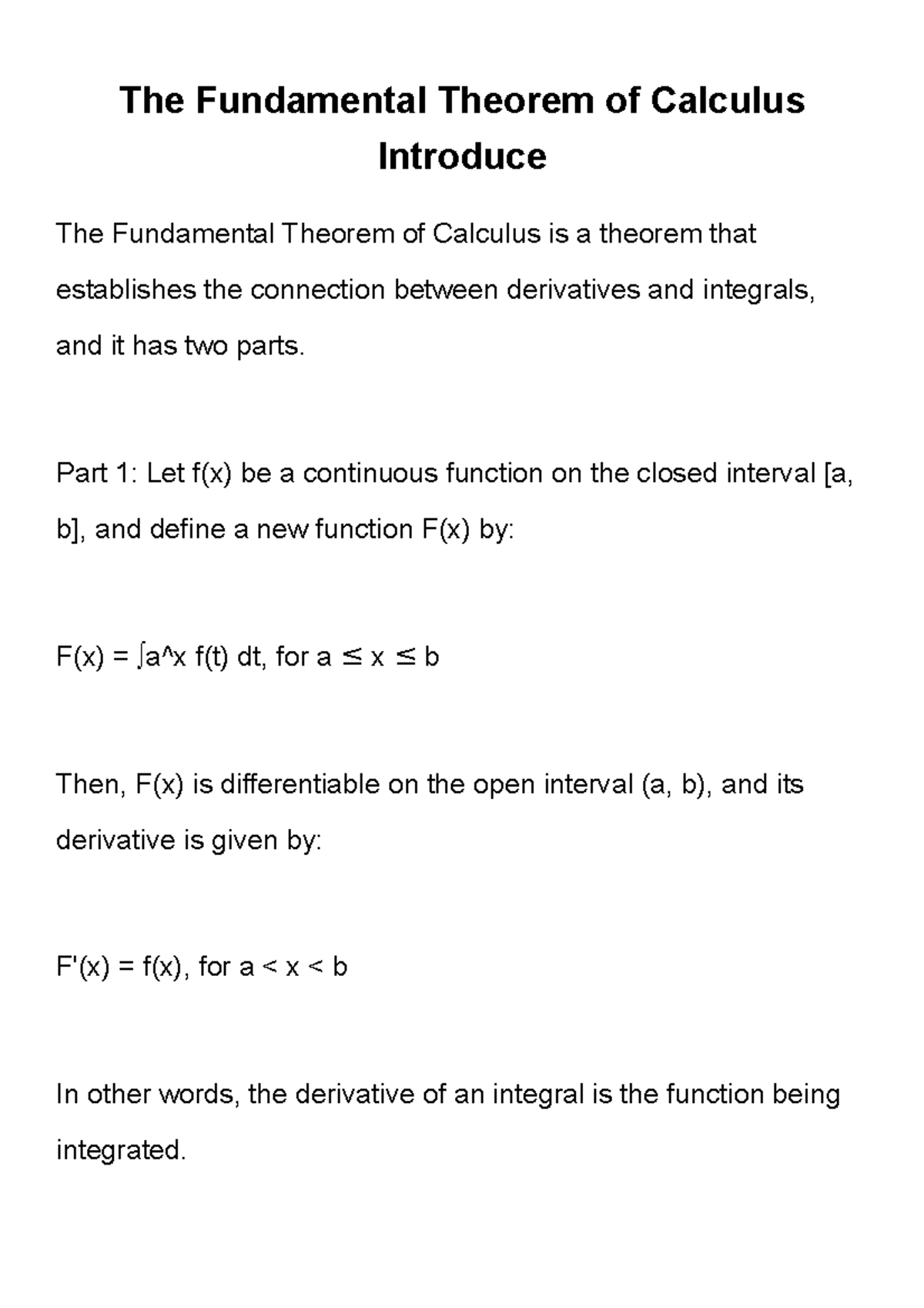 The Fundamental Theorem of Calculus Introduce - The Fundamental Theorem ...