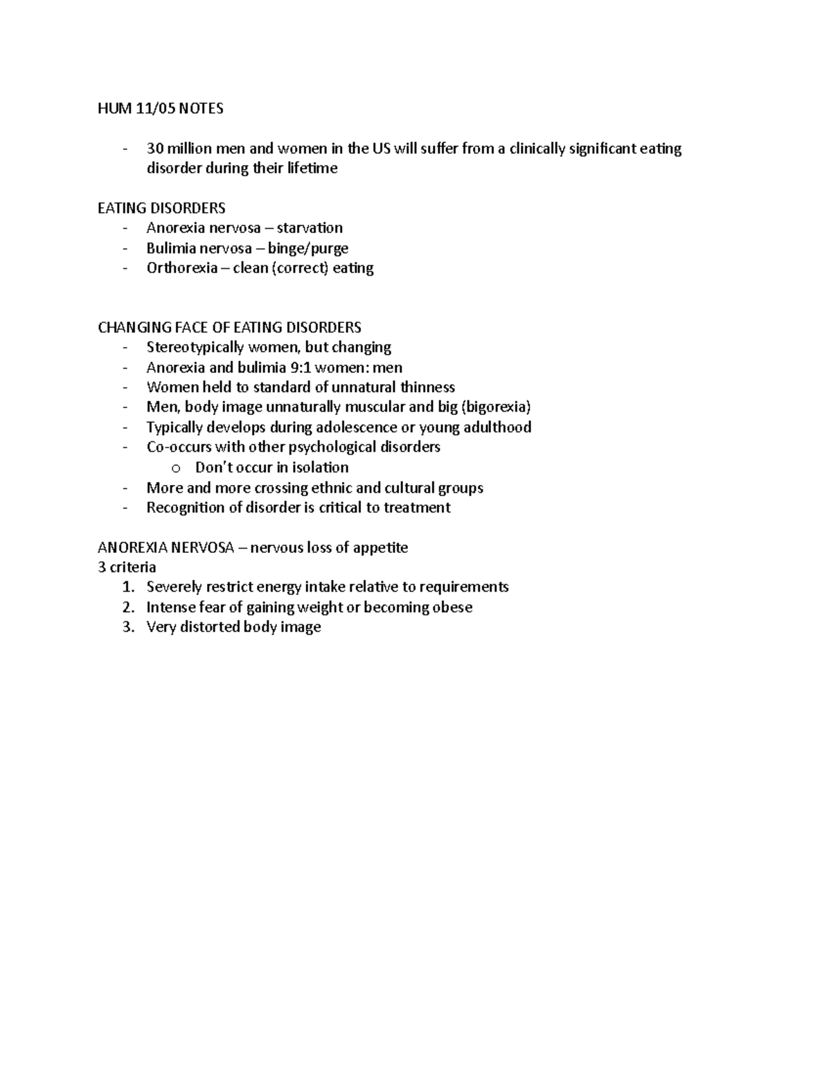 Eating Disorders - HUM 11/05 NOTES 30 million men and women in the US ...