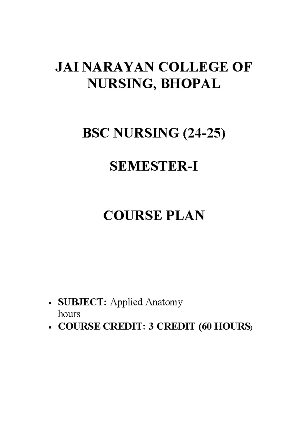 Course PLAN Applied Anatomy JAI NARAYAN COLLEGE OF NURSING, BHOPAL