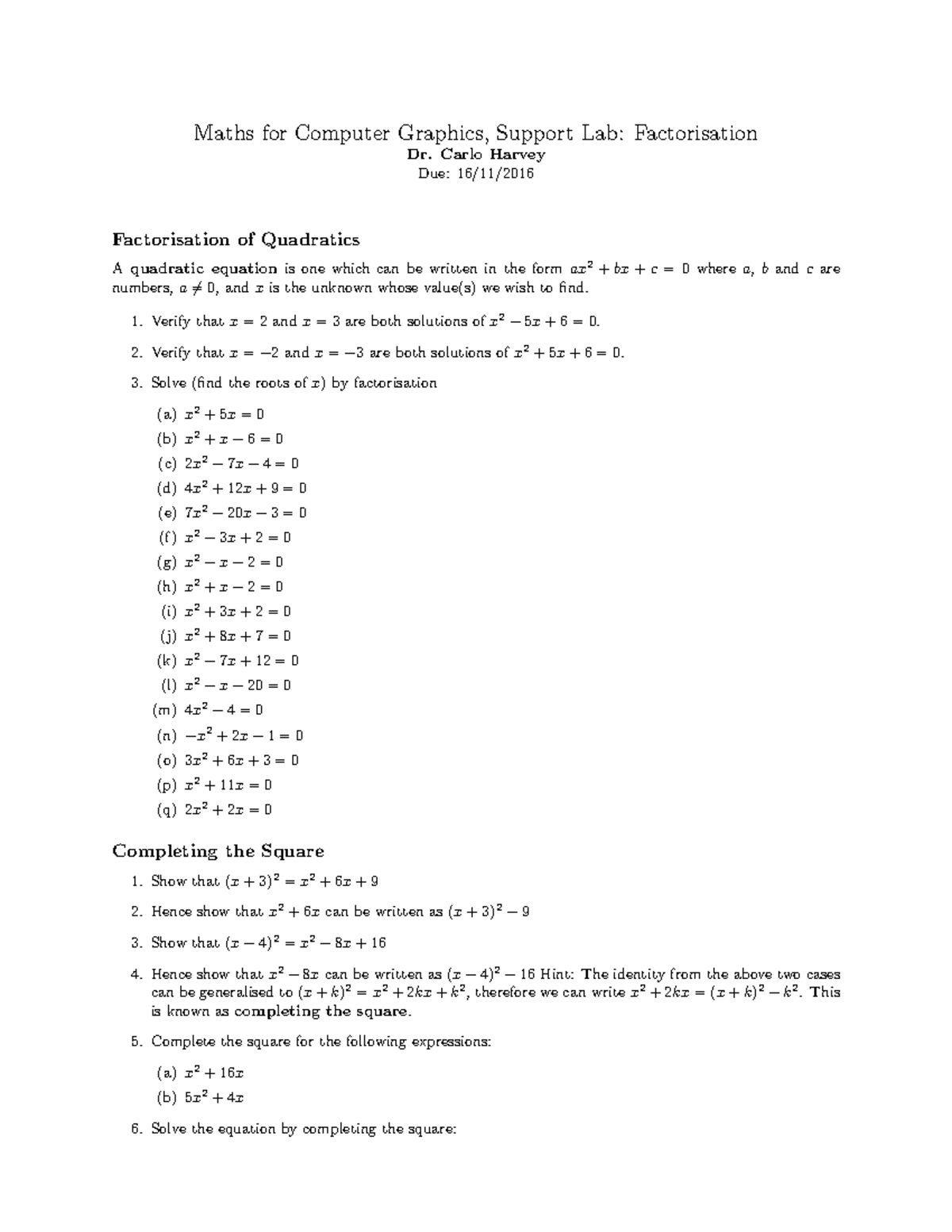 Lab Factorisation Review - Maths for Computer Graphics, Support Lab ...