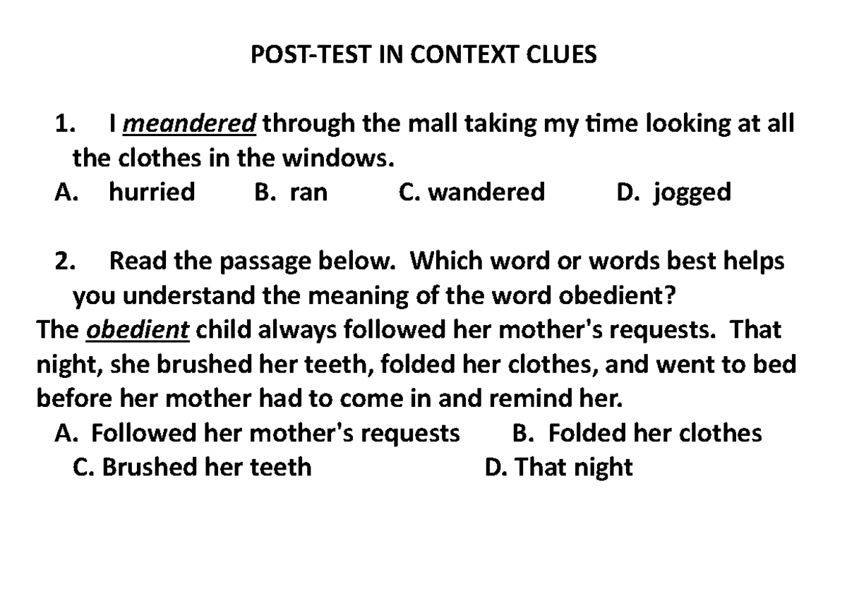 Context CLUE POSTTEST POSTTEST IN CONTEXT CLUES I meandered through
