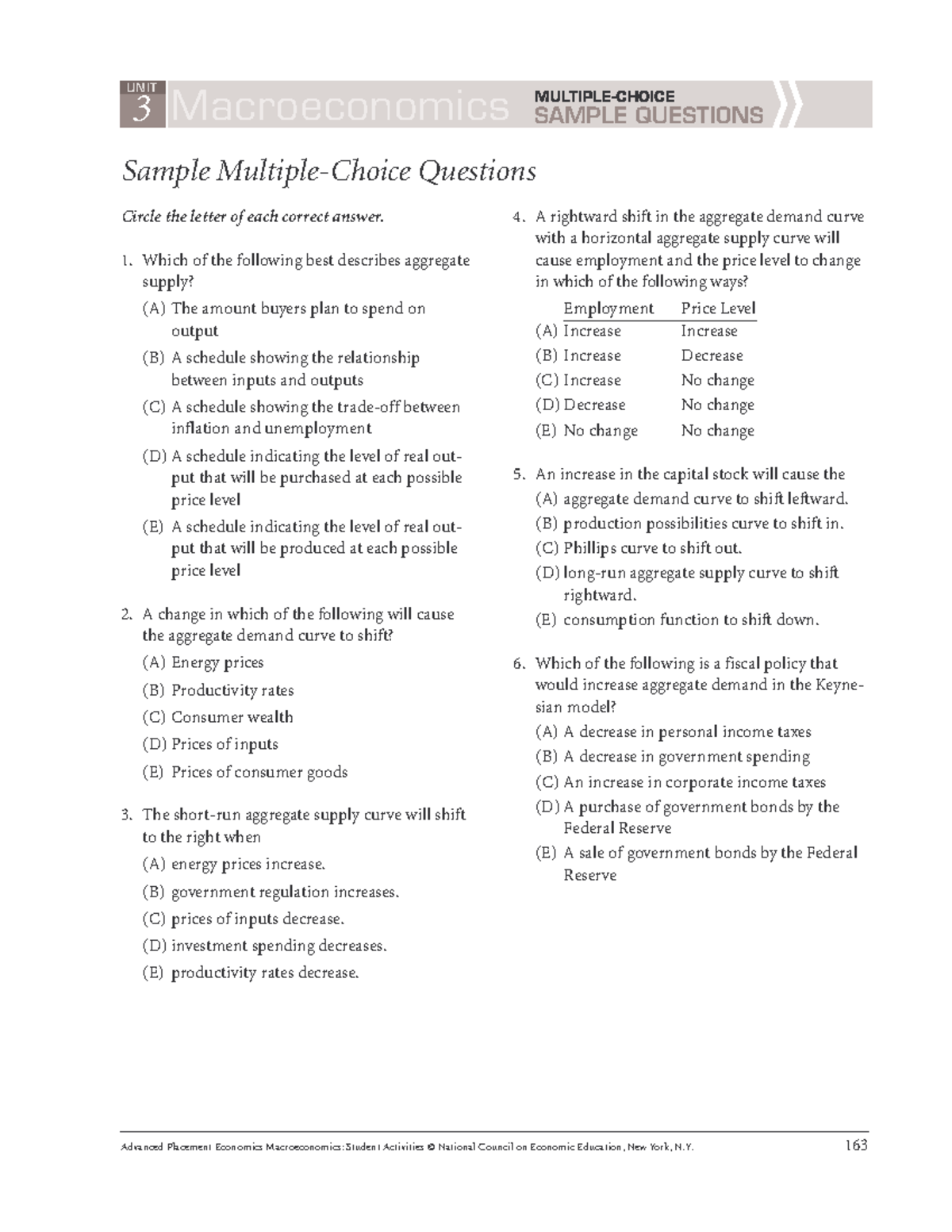 Unit 3 Macroeconomics Sample Questions Multiple - Circle The Letter Of ...