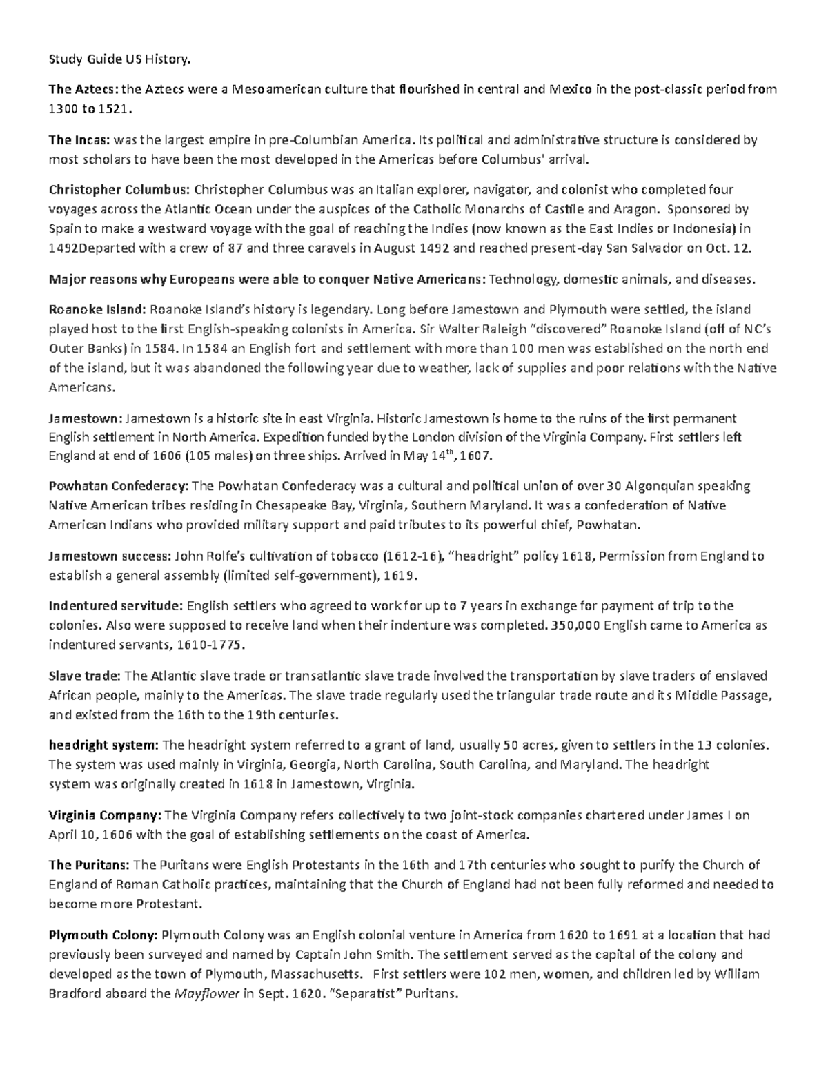 Study Guide US History Lecture notes 1,2,3,4,5,6 Study Guide US