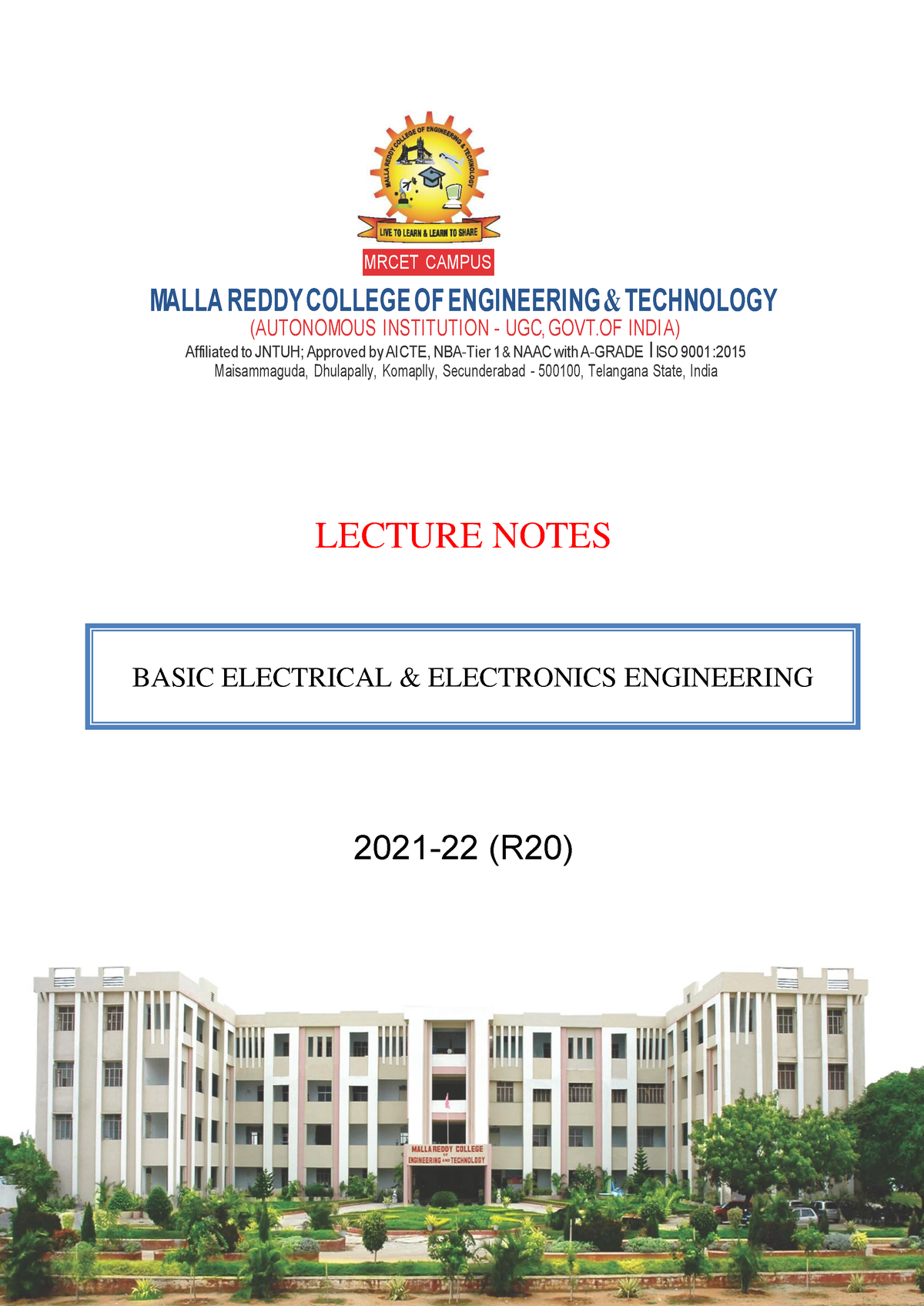 Basic Electrical AND Electronics Engineering - MALLA REDDY COLLEGE OF ...