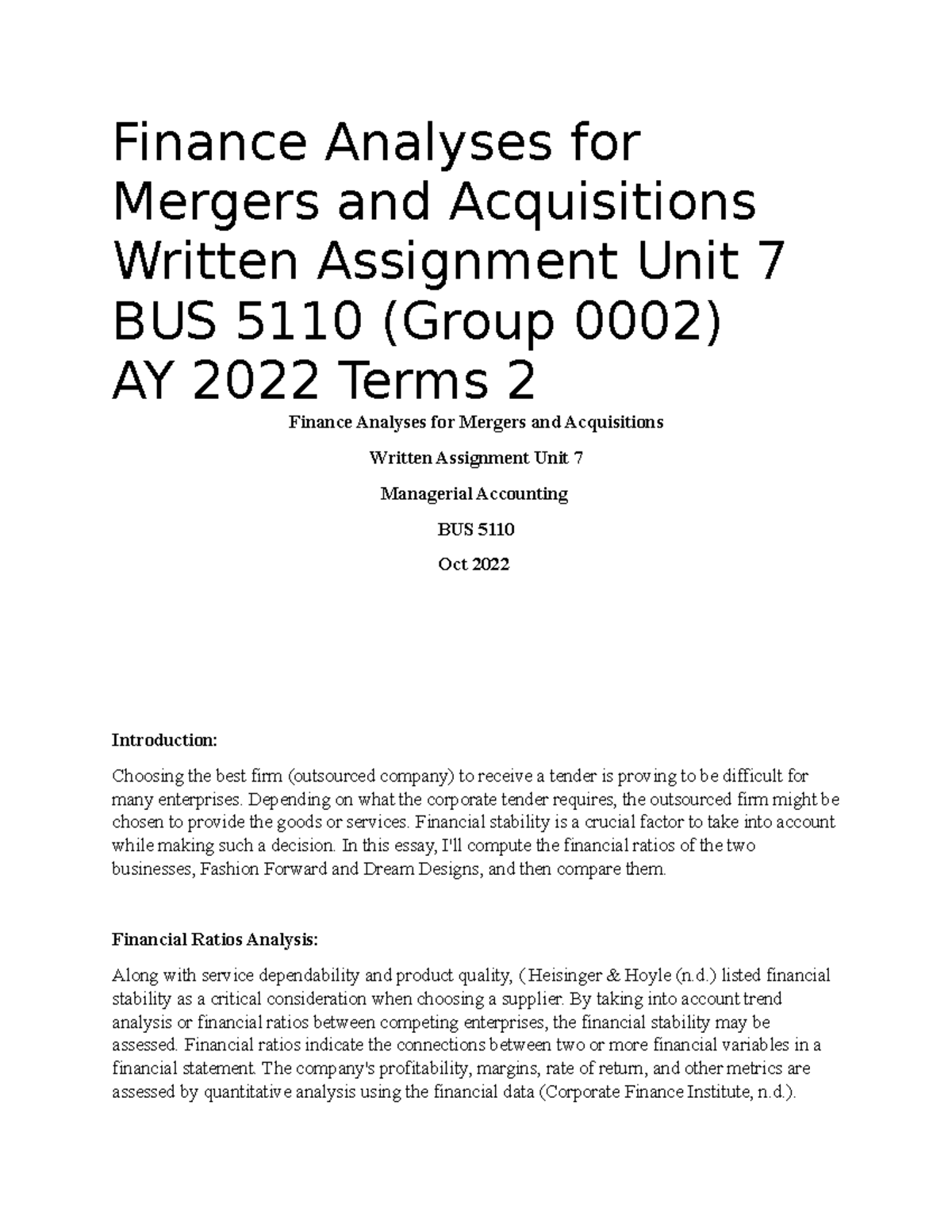 Written Assignment Unit 7 BUS5110 - Finance Analyses For Mergers And ...