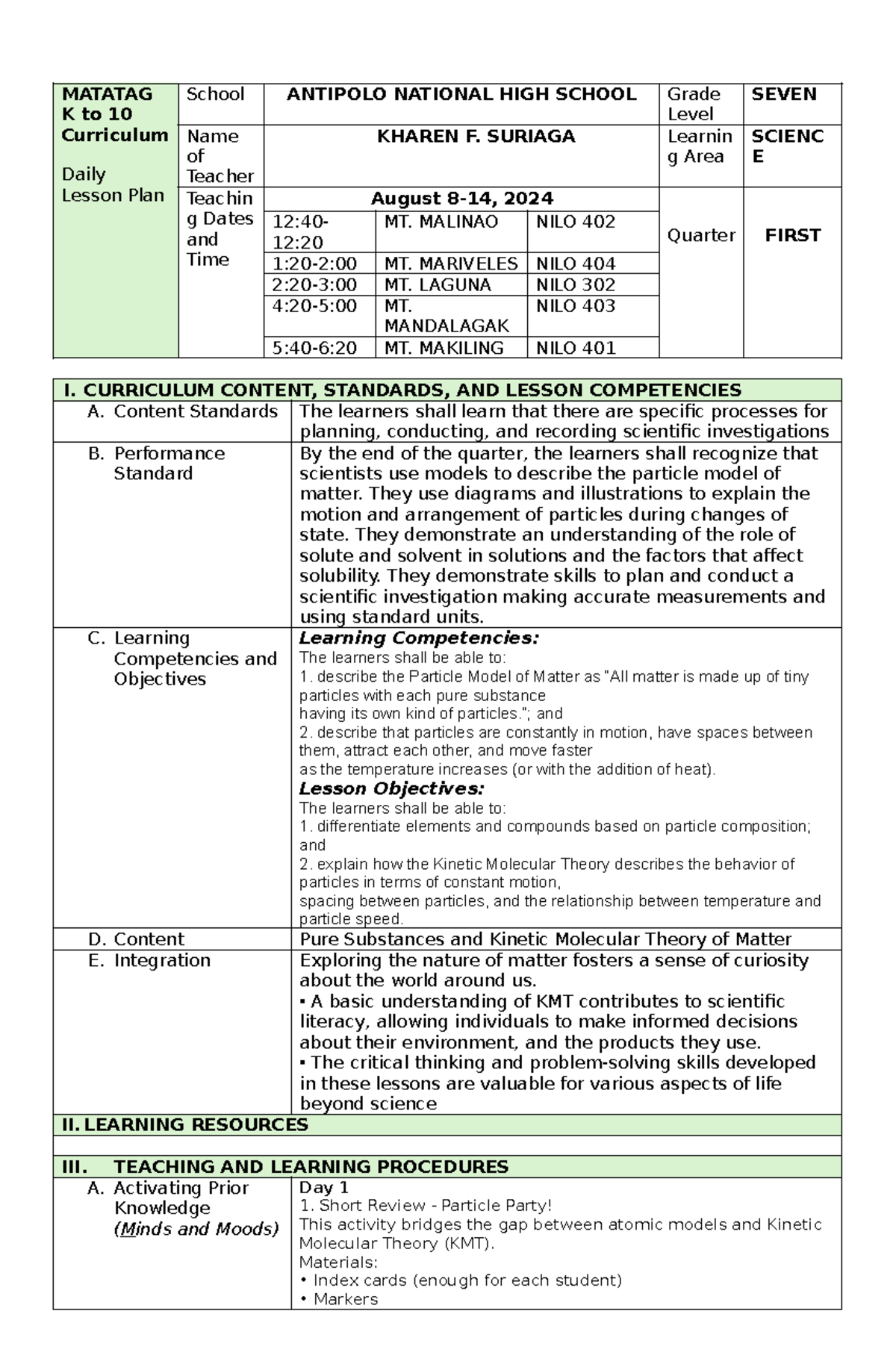 Aug 8 14 DLP - matatag - MATATAG K to 10 Curriculum Daily Lesson Plan ...