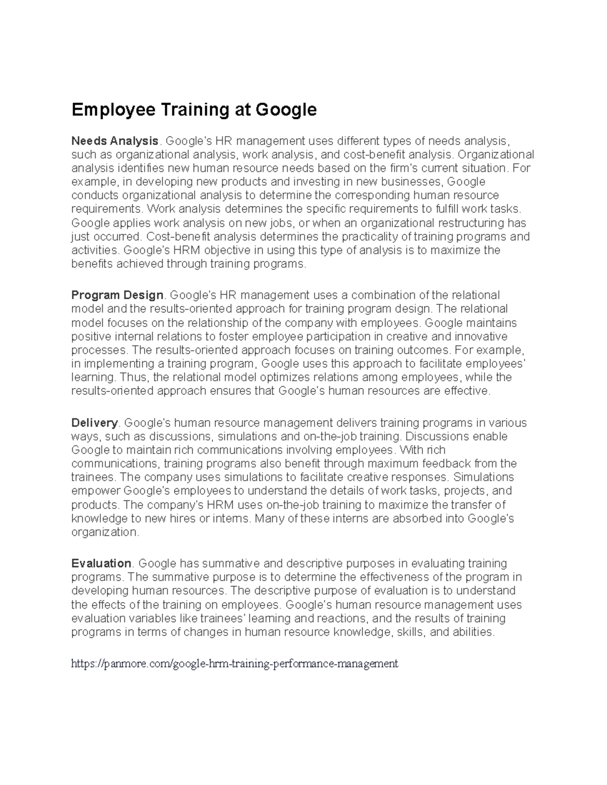 Employee Training at Google Employee Training at Google Needs