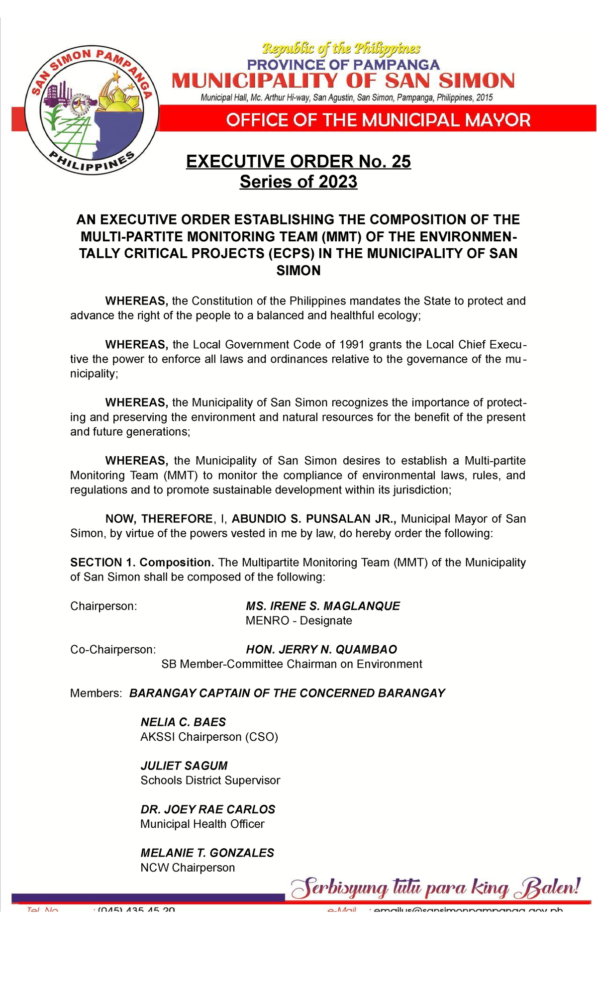 Menro Executive Order MMT EXECUTIVE ORDER No. 25 Series of 2023 AN EXECUTIVE ORDER