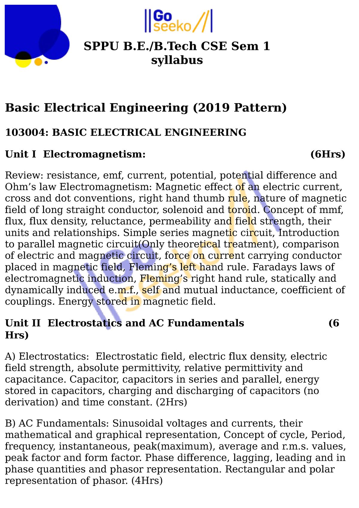 CSE Sem 1 Syllabus - SPPU B.E./B CSE Sem 1 Syllabus Basic Electrical ...