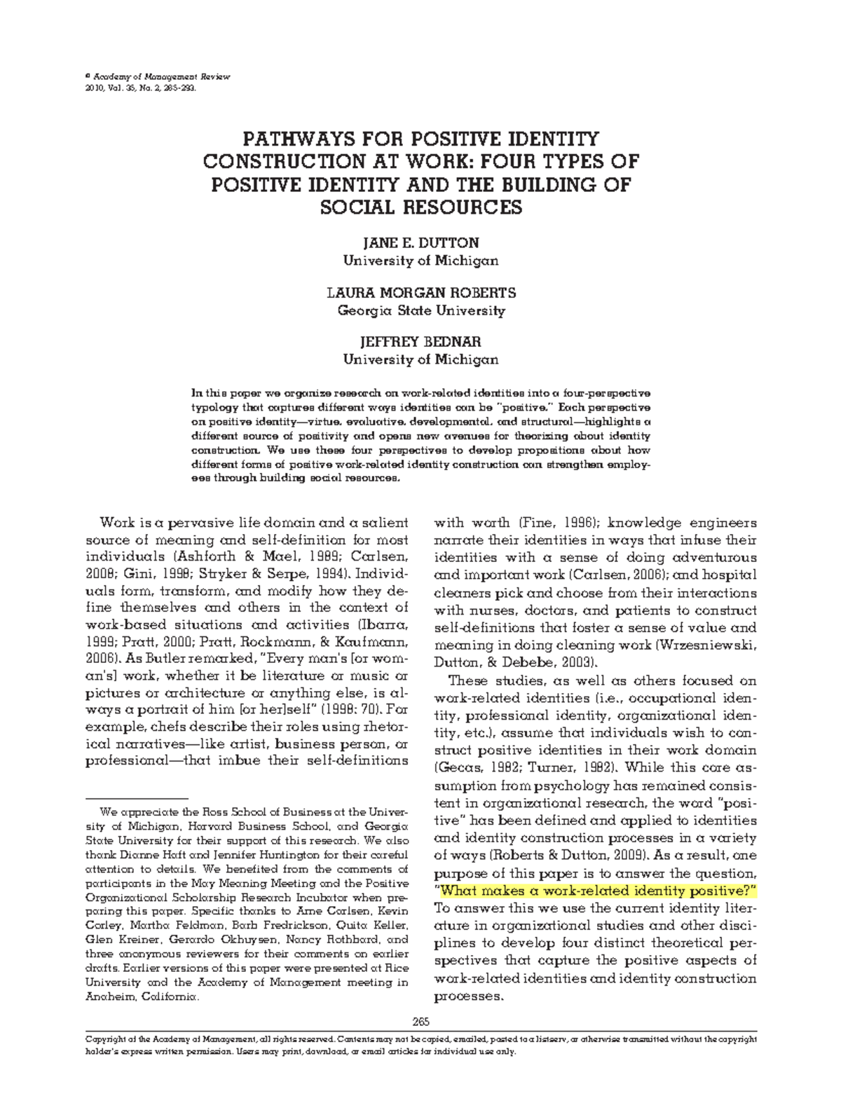 1. Dutton et al. (2010 ). Pathways for positive identity construction