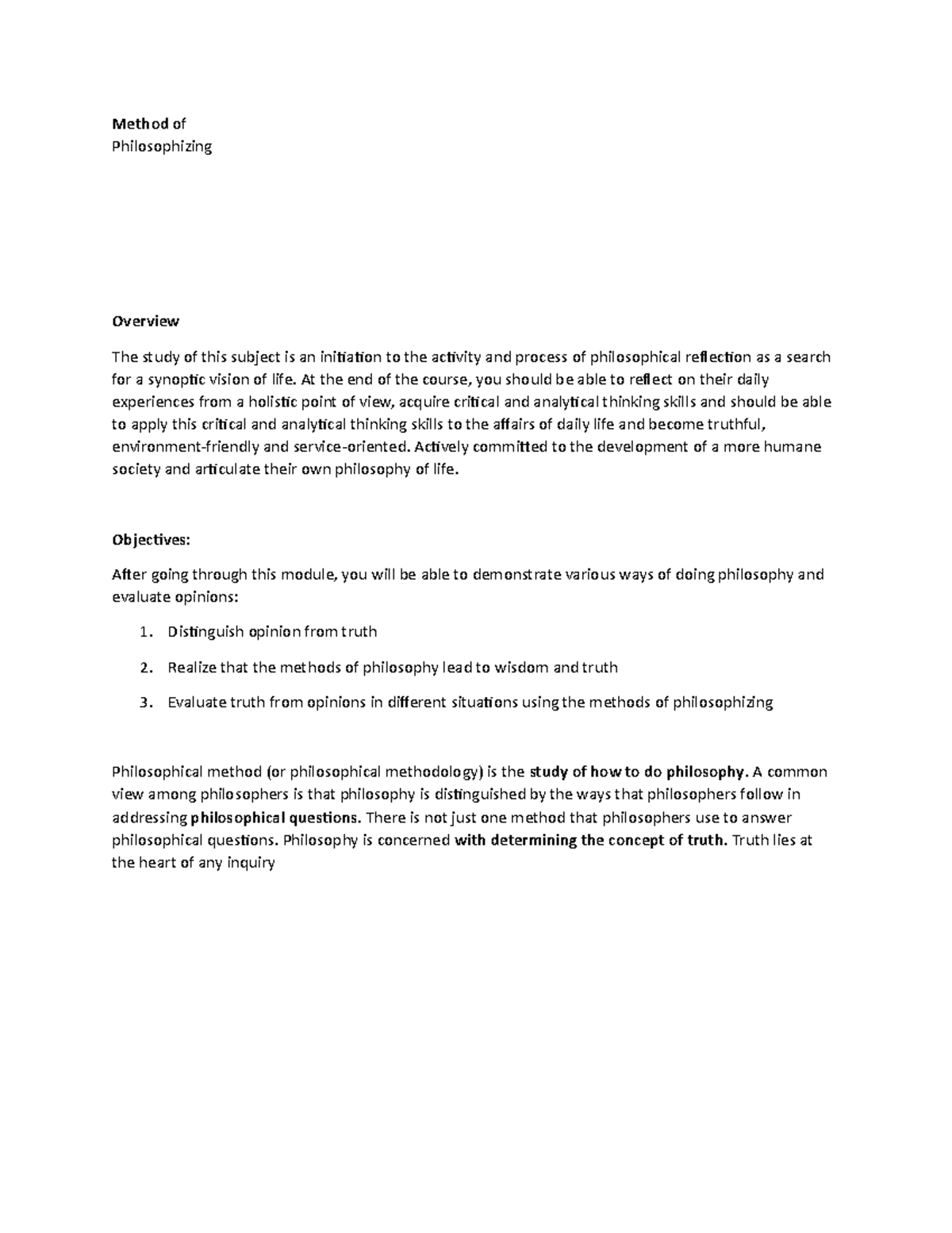 Philosophizing - notes - Method of Philosophizing Overview The study of ...