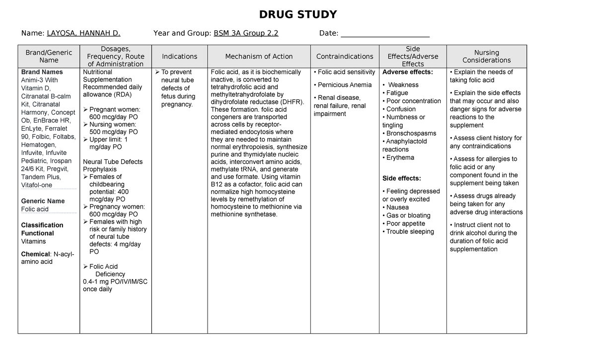 DRUG- Study - hihello - DRUG STUDY Name: LAYOSA, HANNAH D. Year and ...
