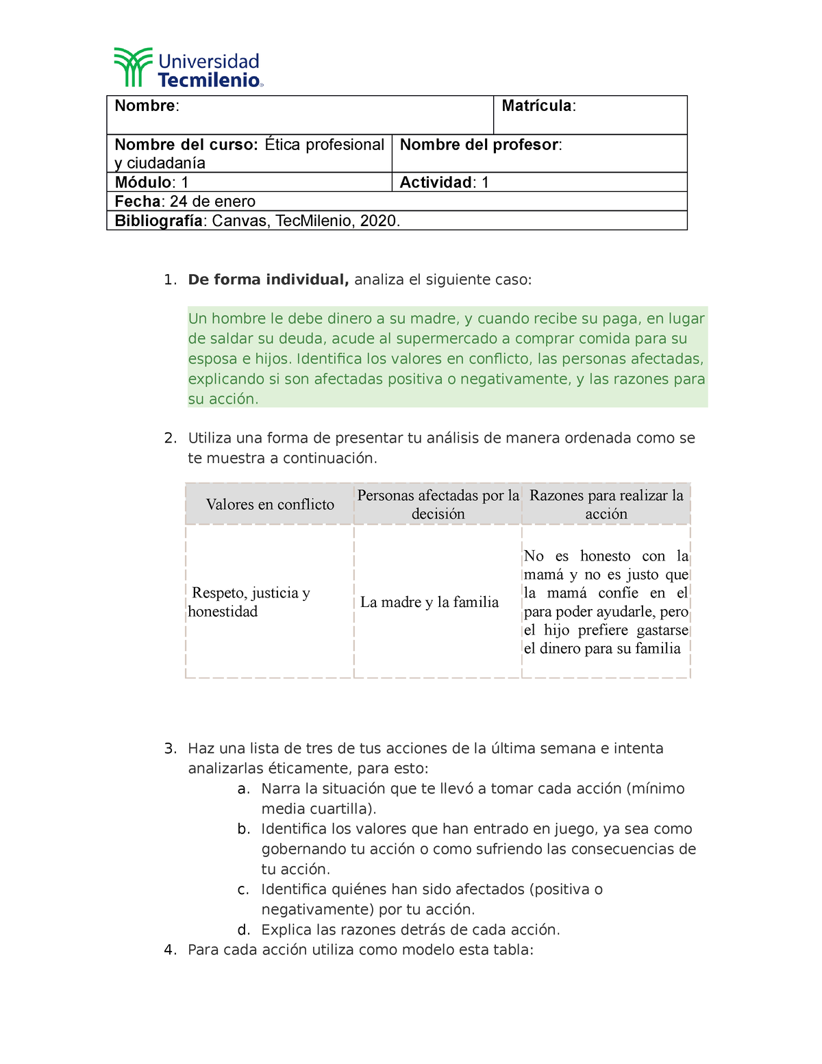 Actividad 1 Etica Profesional Y Ciudadania Tecmilenio Nombre Matrícula Nombre Del Curso 7941