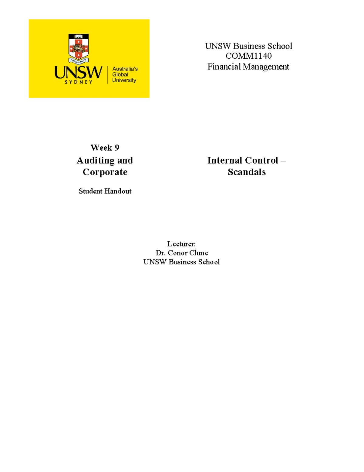 Week 9 Handout - Week 9 Auditing and Internal Control – Corporate ...