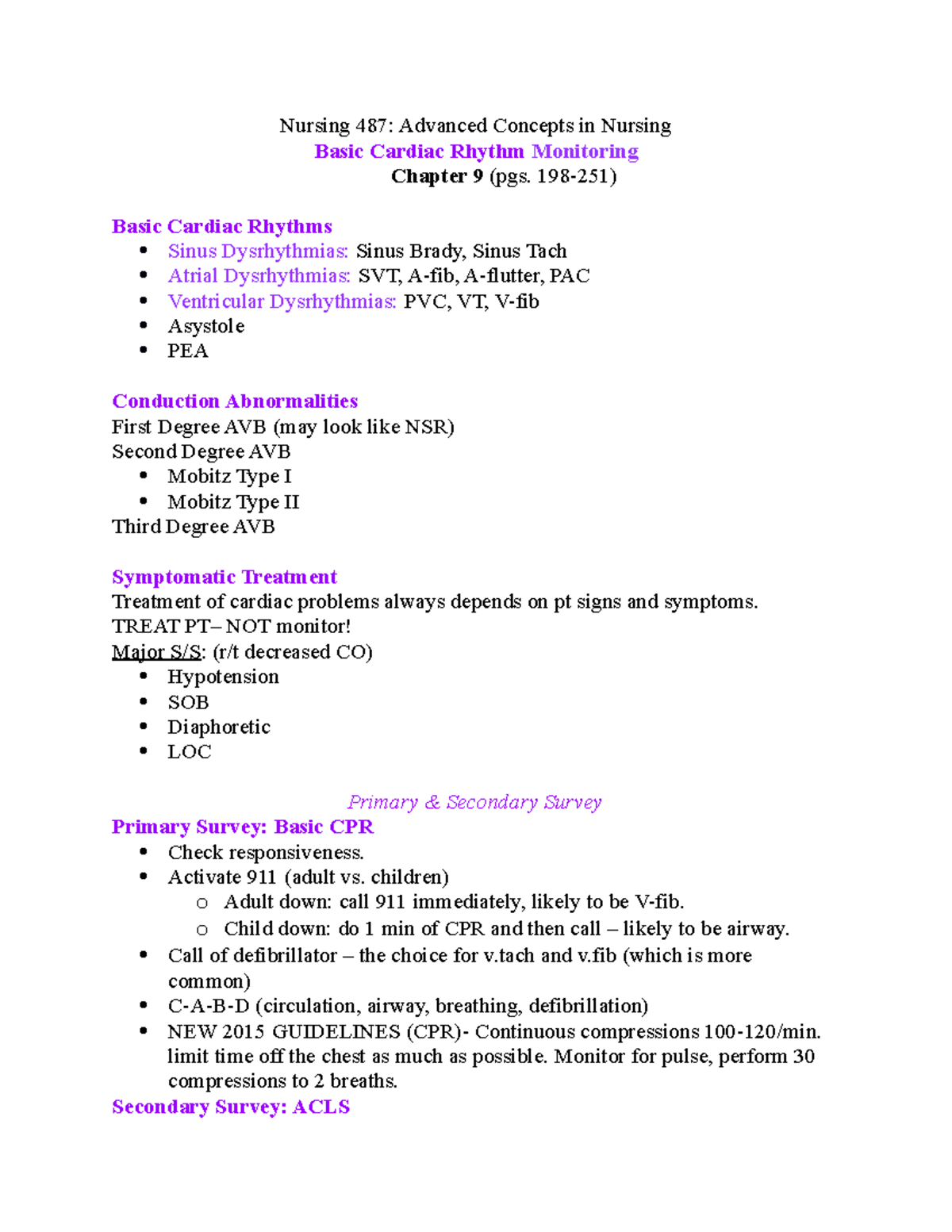 Cardiac Notes EKG rhythms - Nursing 487: Advanced Concepts in Nursing ...