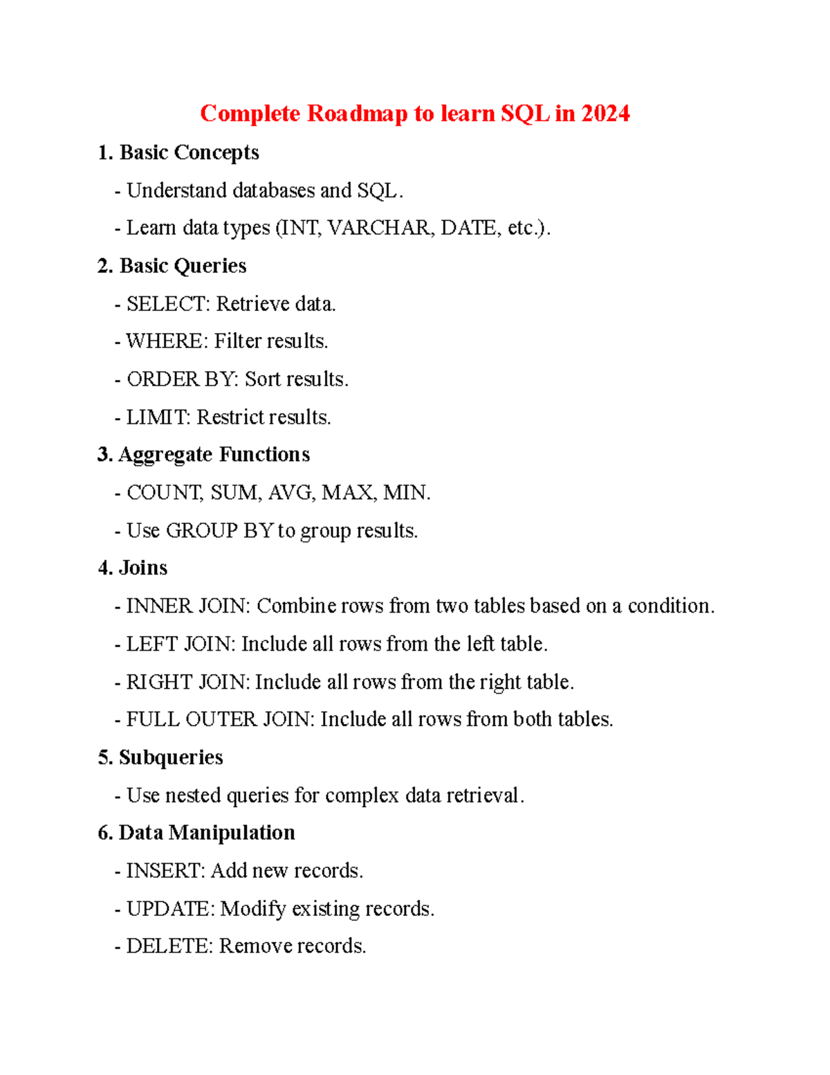 Complete Roadmap to learn SQL in 2024 - Basic Concepts - Understand ...