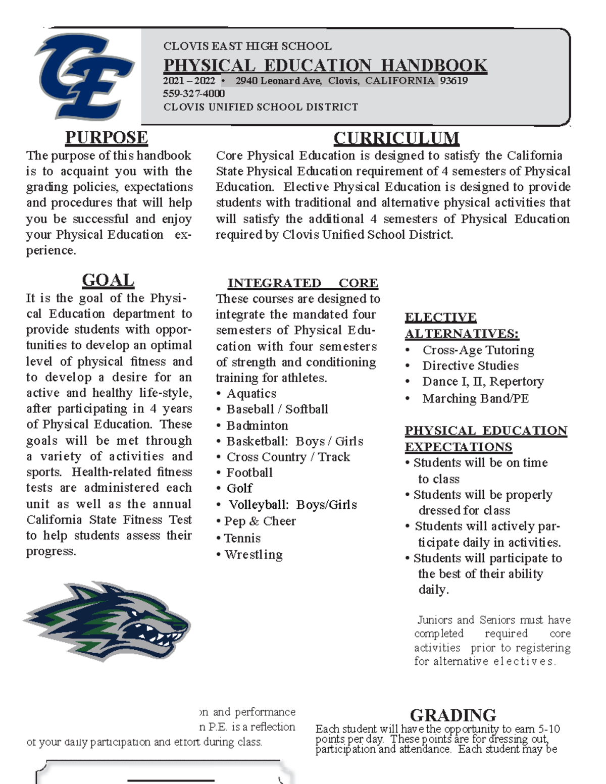 20212022 CE PE Handbook PURPOSE CLOVIS EAST HIGH SCHOOL PHYSICAL