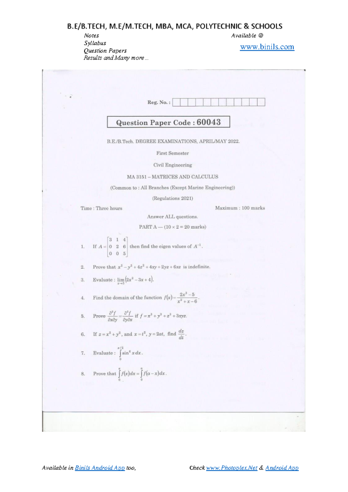 MA 3151 Matrices And Calculus - binils B.E/B, M.E/M, MBA, MCA ...