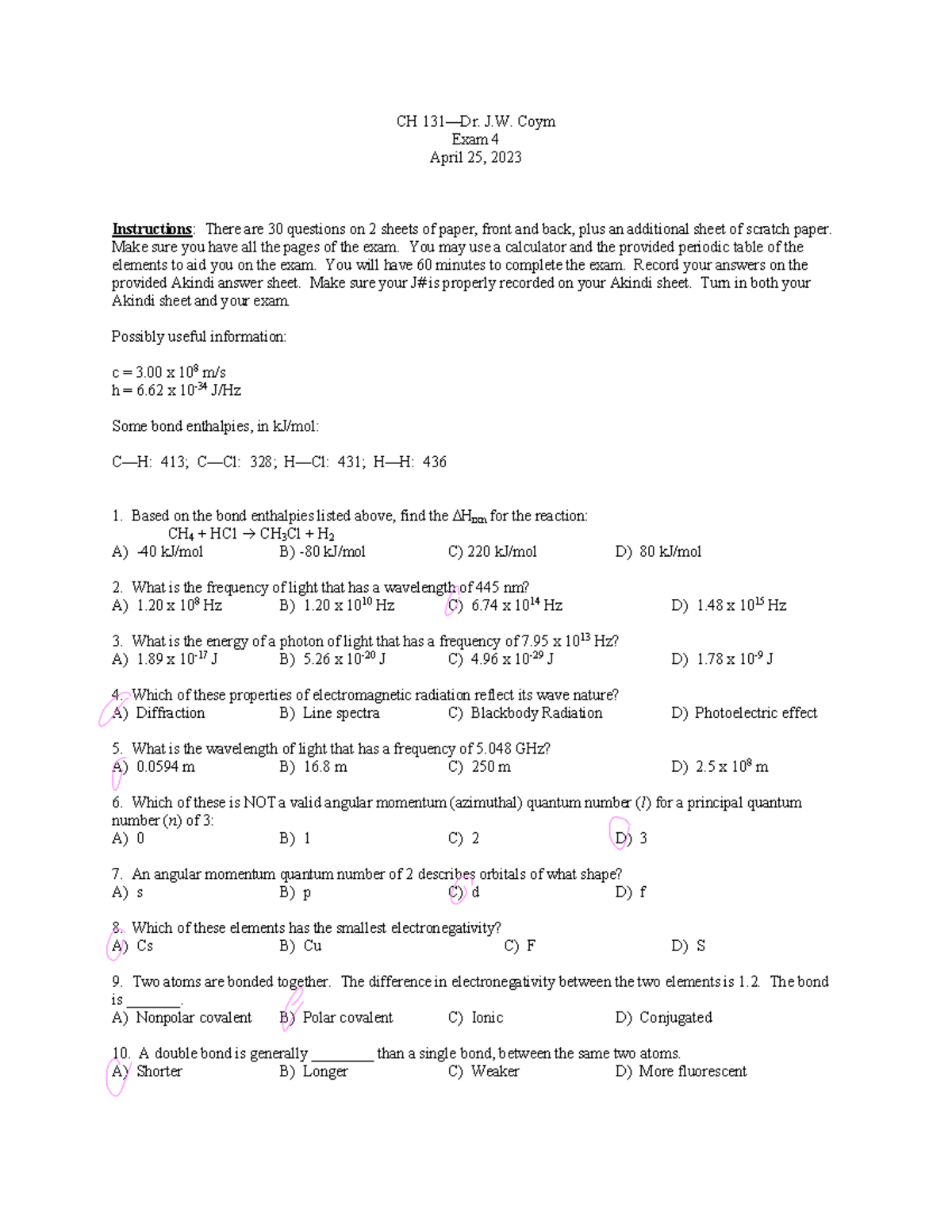 Hour+Exam+4 - Exam - CH 131—Dr. J. Coym Exam 4 April 25, 2023 ...