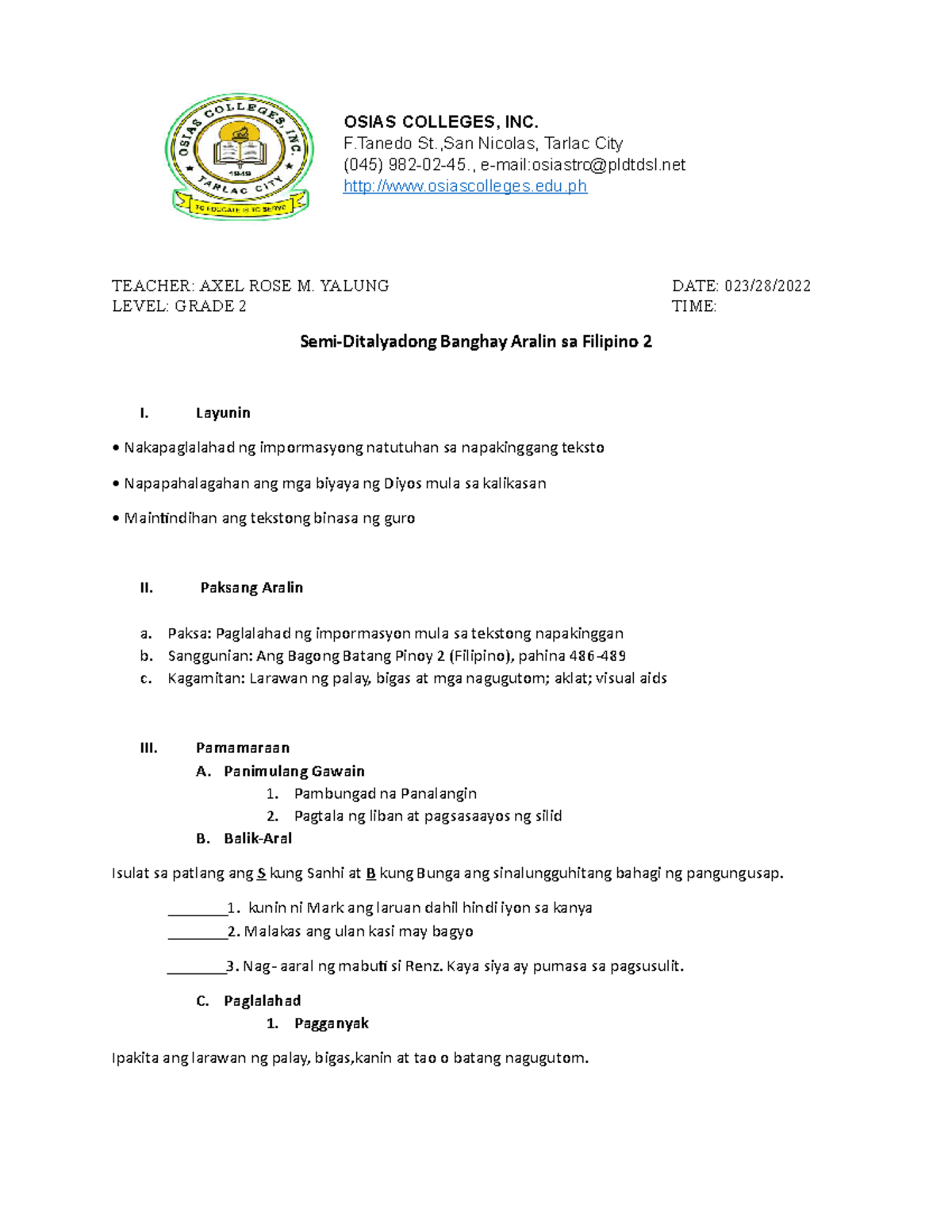 Sample Of Semi Detailed Lesson Plan In Filipino Grade 2