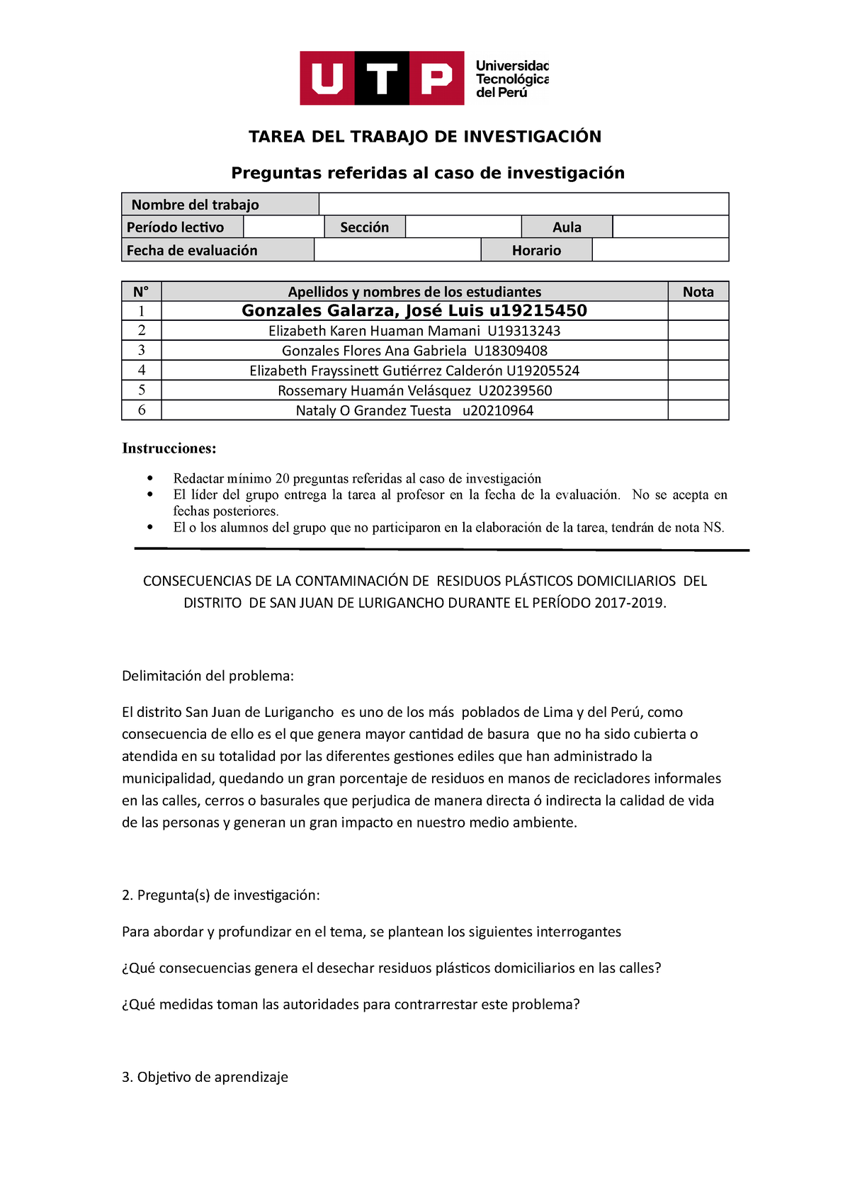 Semana 5 - Tareas - TAREA DEL TRABAJO DE INVESTIGACIÓN Preguntas ...