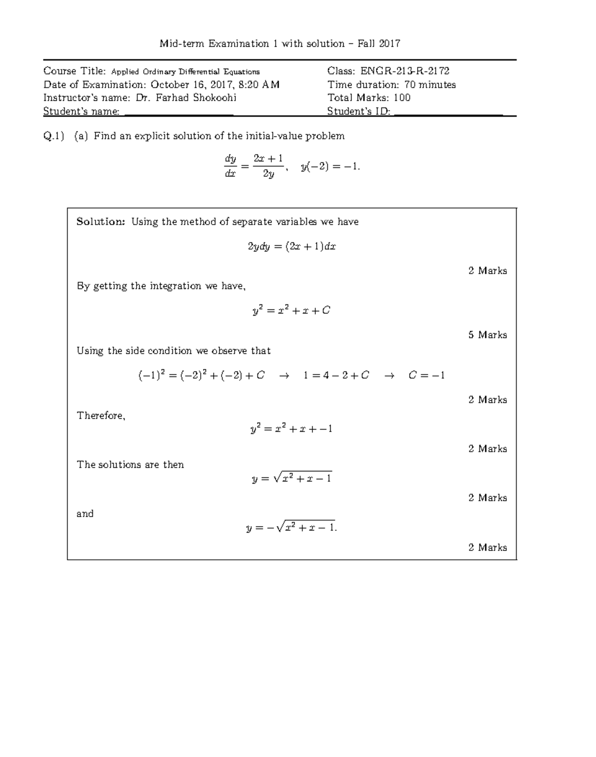 Midterm exam 1 2017, questions and answers - Mid-term Examination 1 ...