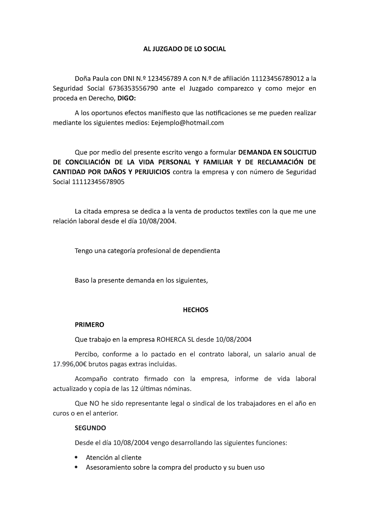 Demanda sentencia 3 - AL JUZGADO DE LO SOCIAL Doña Paula con DNI N.º ...