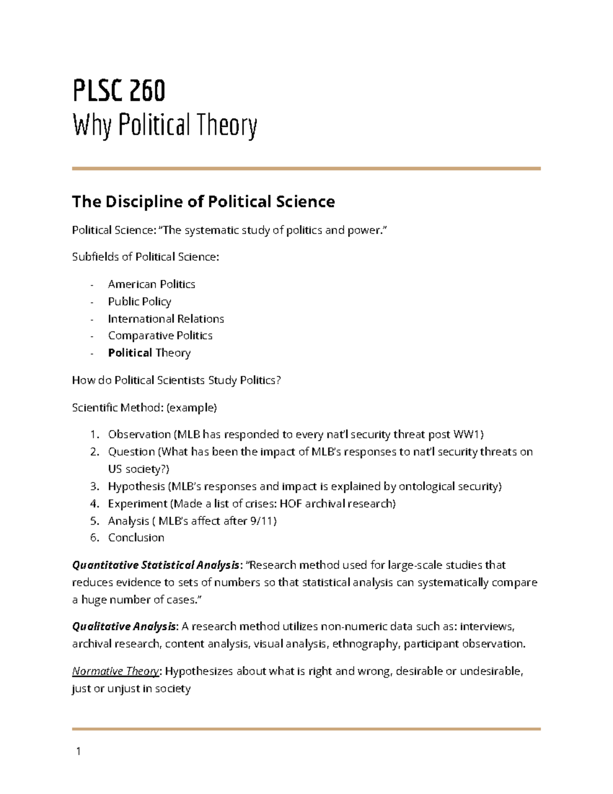 Class notes 1 19 2023 - PLSC 260 Why Political Theory The Discipline of ...