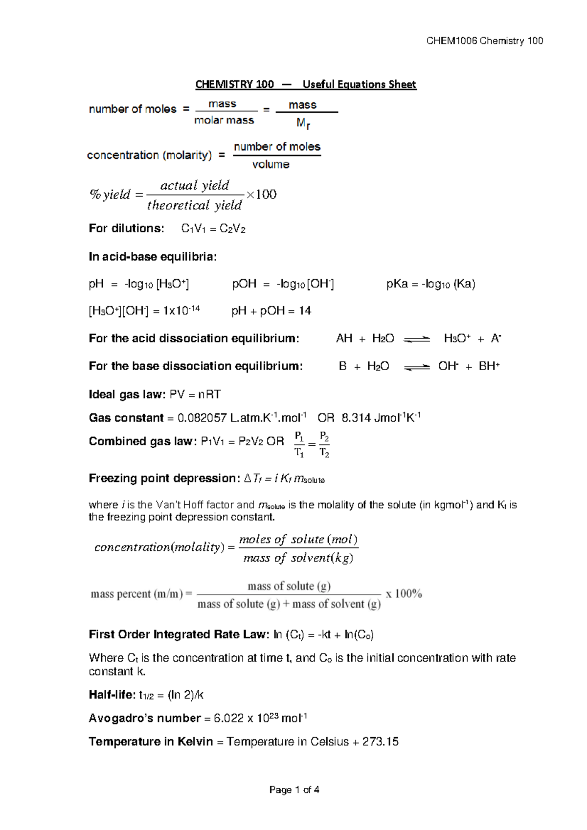 CHEM 1006 Chemistry 100 Final Exam 2023 INFO Sheets - CHEM 1006 - UniSA ...