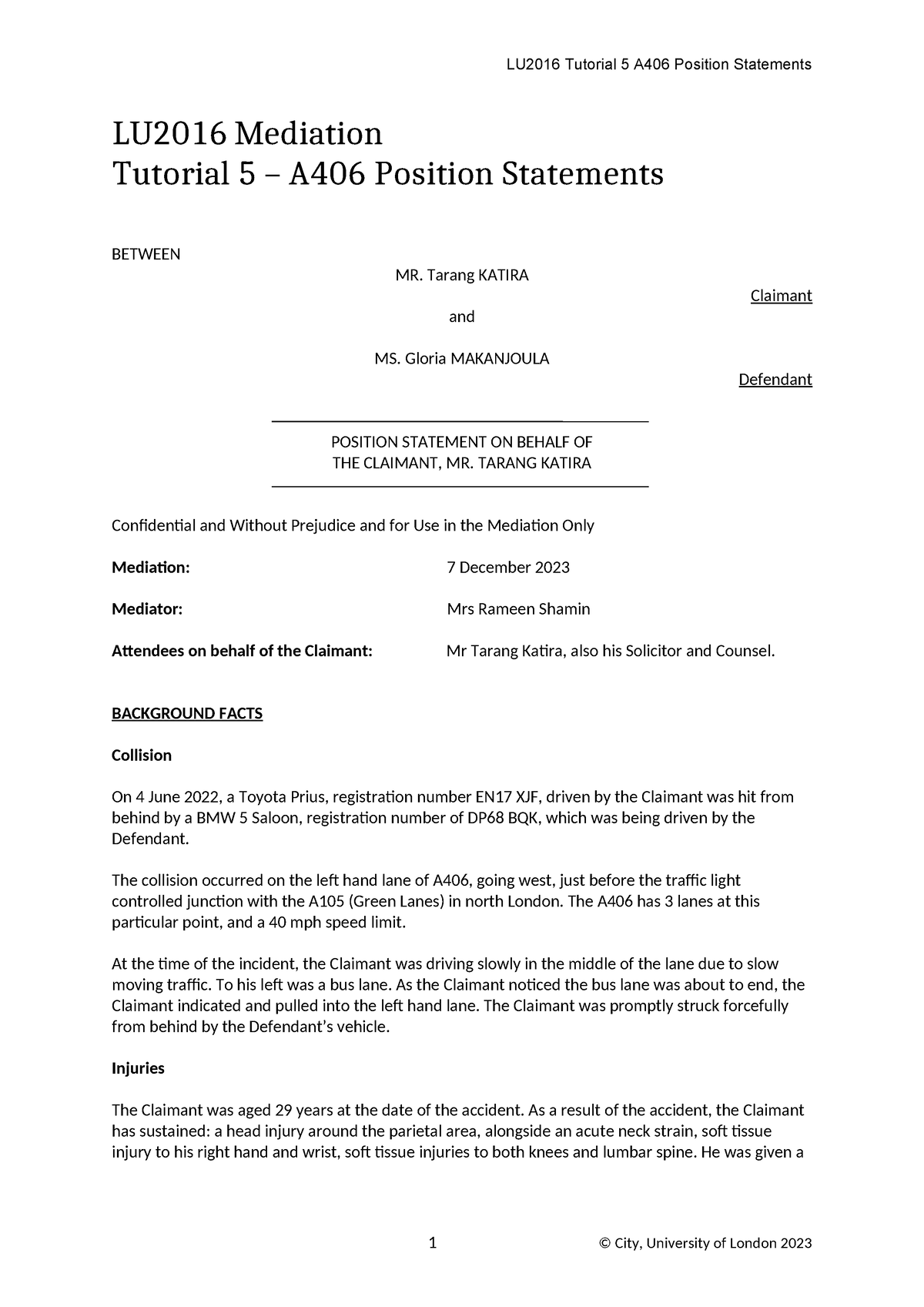 A406 Position Statements - LU2016 Mediation Tutorial 5 – A406 Position ...