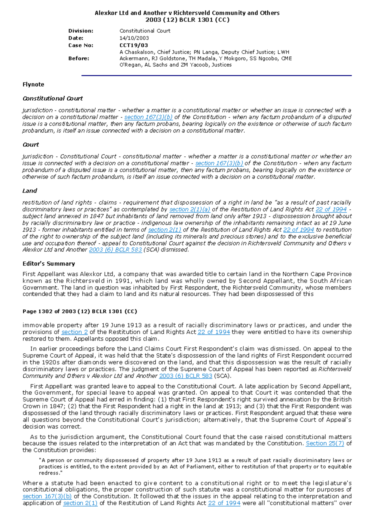 Alexkor & A v Richersveld Community & A 2003 (CC) - Alexkor Ltd and ...