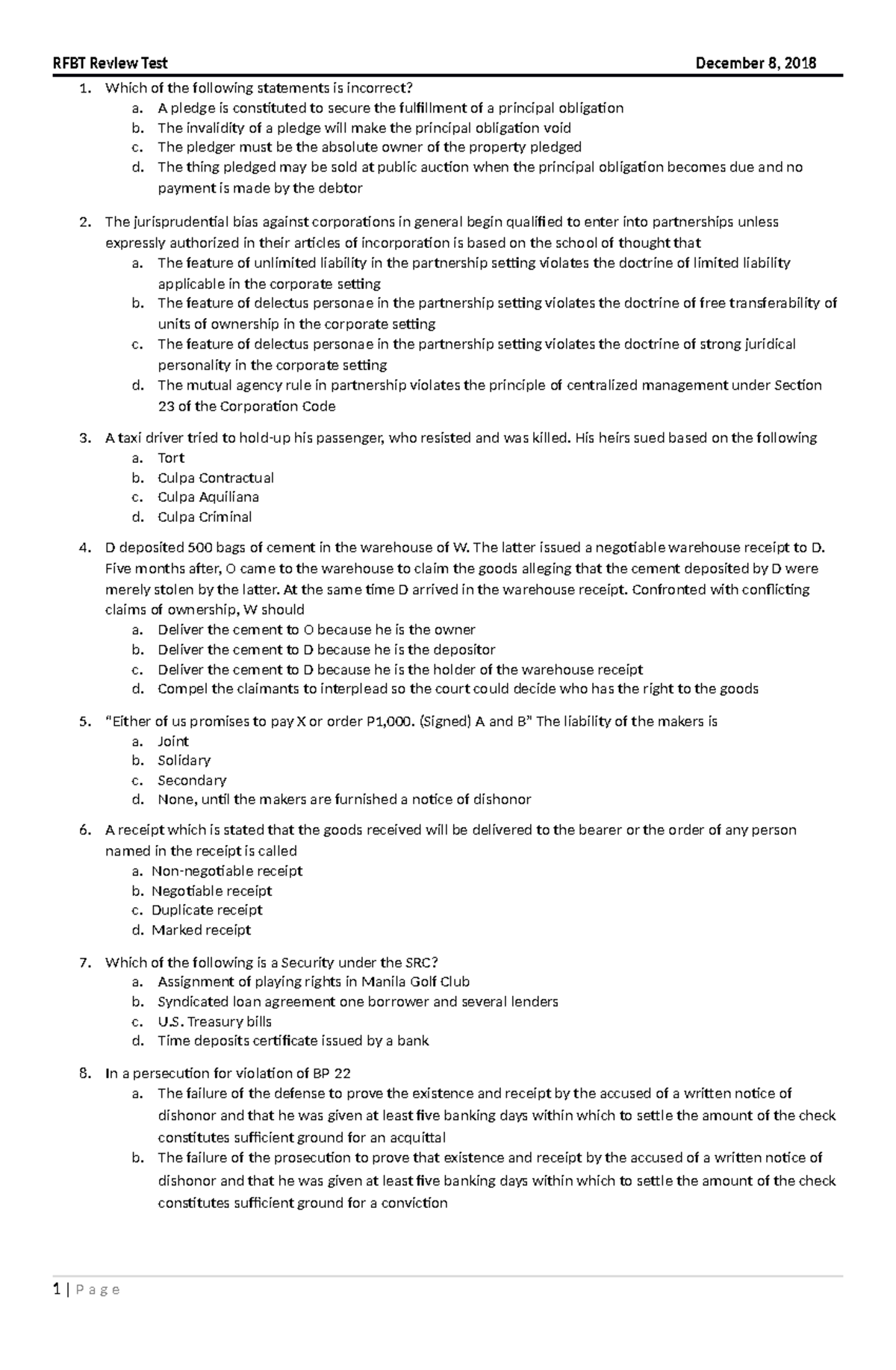 PE Possible MCQ Questions - RFBT Review Test December 8, 2018 Which of ...