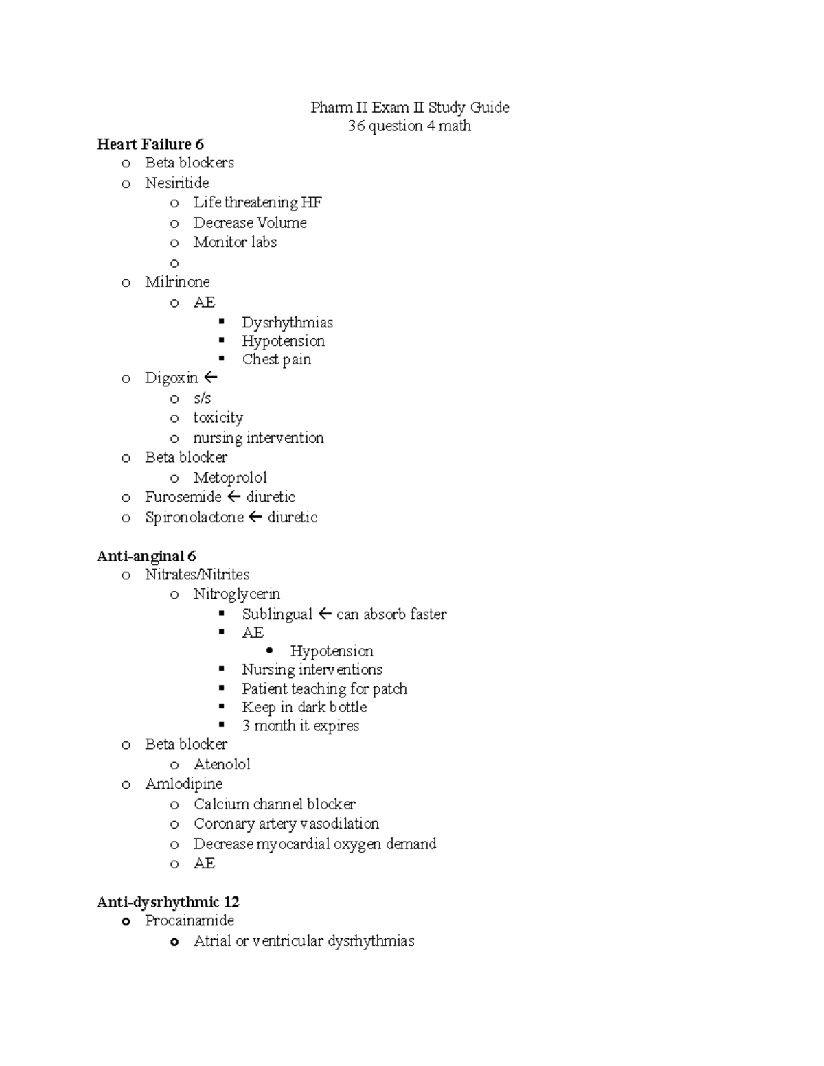 Pharm II Exam II Study Guide - on tele o Digoxin o Nursing Intervention ...