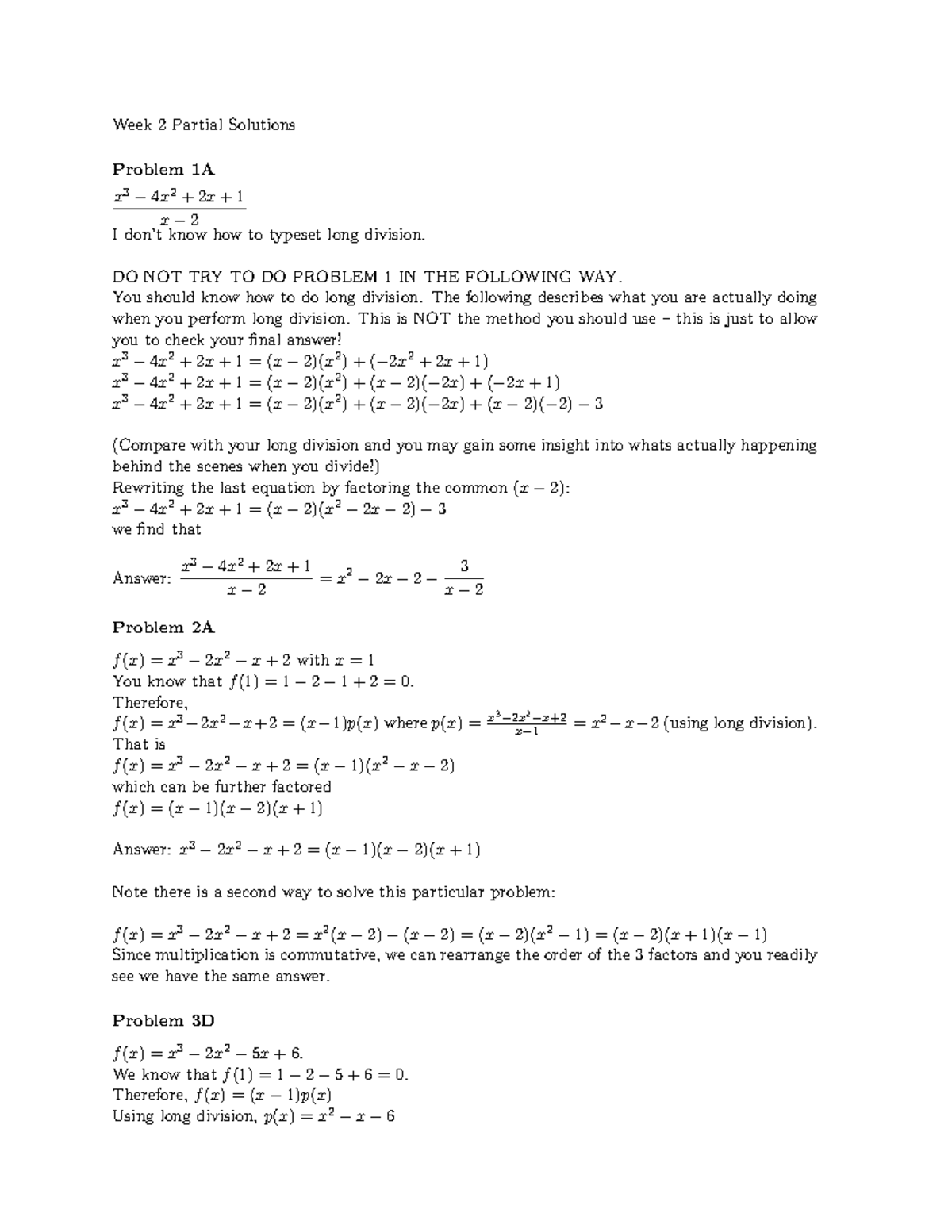 Week 2 Solutions (partial) - Week 2 Partial Solutions Problem 1A x 3 − ...