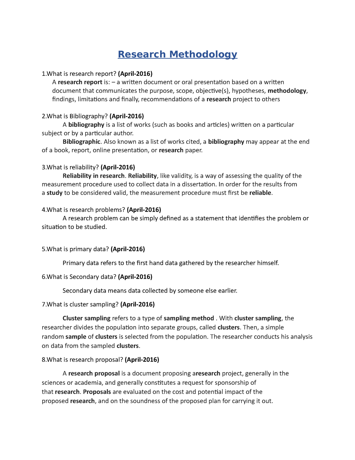methodology in a research report