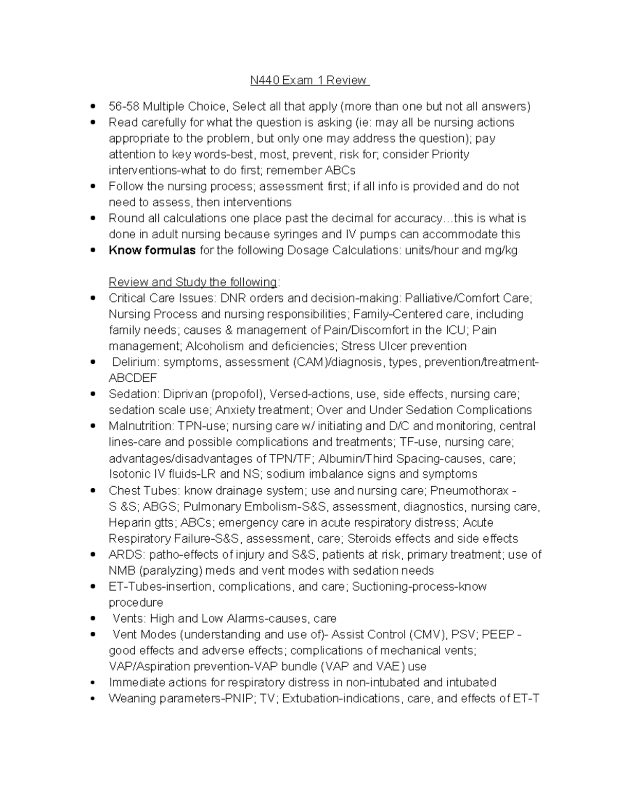 Exam 1 Review Critical Care - N440 Exam 1 Review 56-58 Multiple Choice ...
