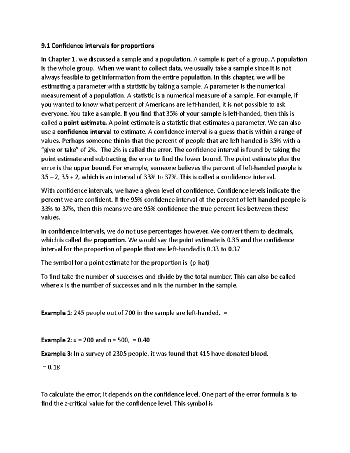 9.1 stats - Notes for section 9.1 - 9 Confidence intervals for ...