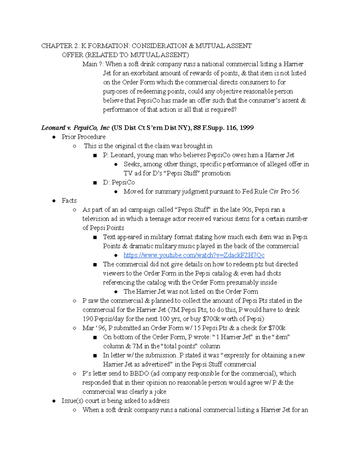 Leonard v. Pepsico, Inc Brief CHAPTER 2 K FORMATION CONSIDERATION