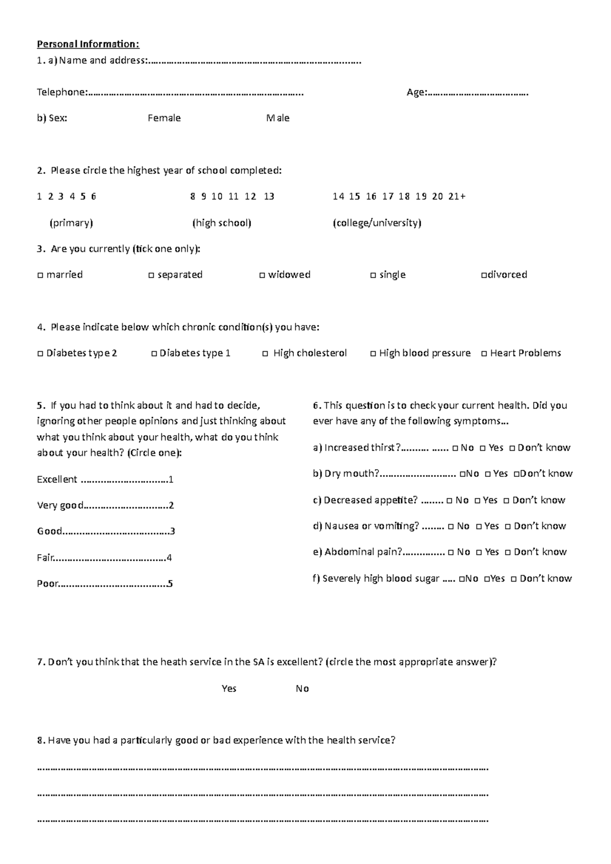 Bad Questionnaire 1 gfdggggggg Personal Information a) Name and